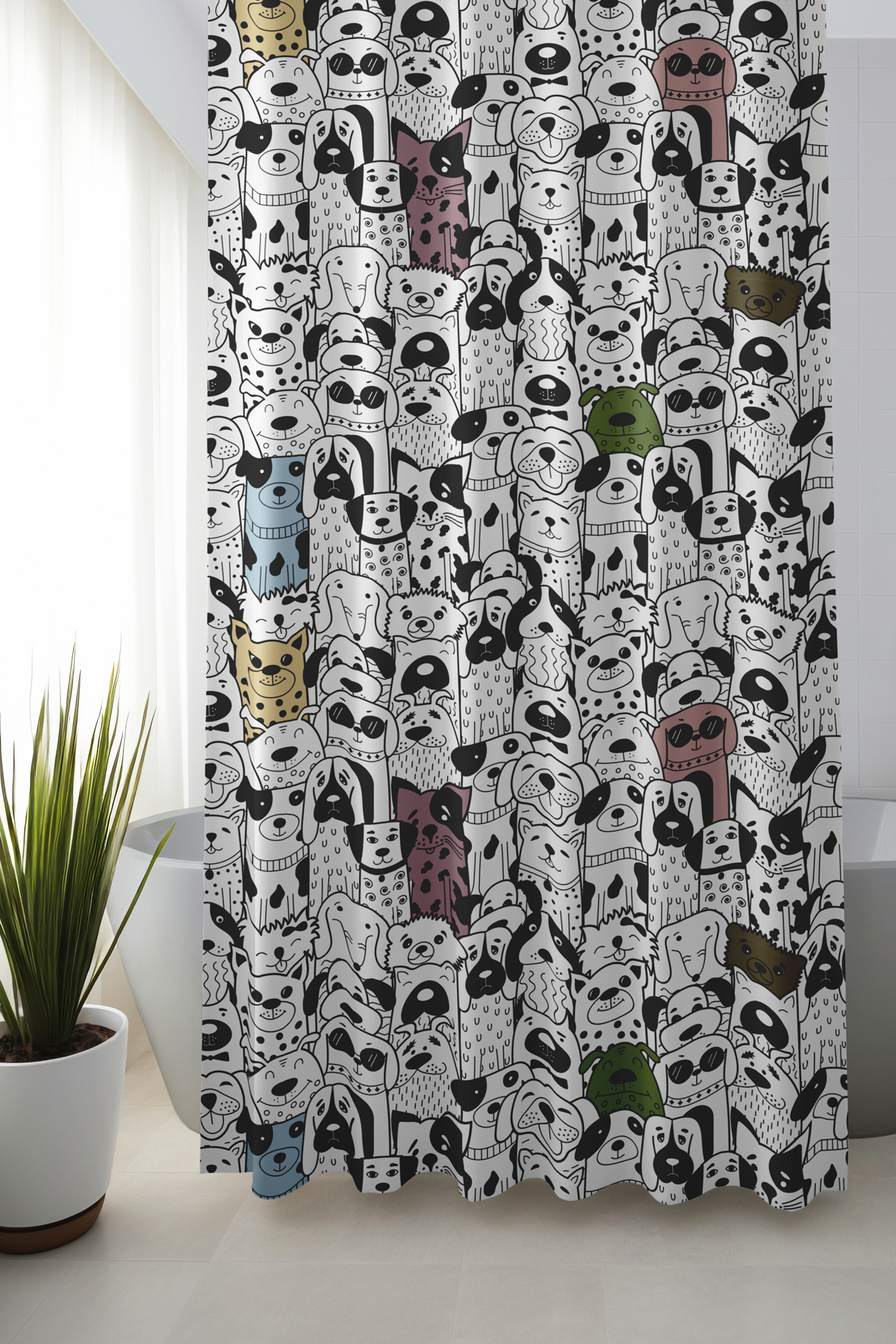 Banyo Perdesi, Siyah Köpekler Desenli Duş Perdesi, Küvet Perdesi, Halka Hediyeli 175x200cm BP-18