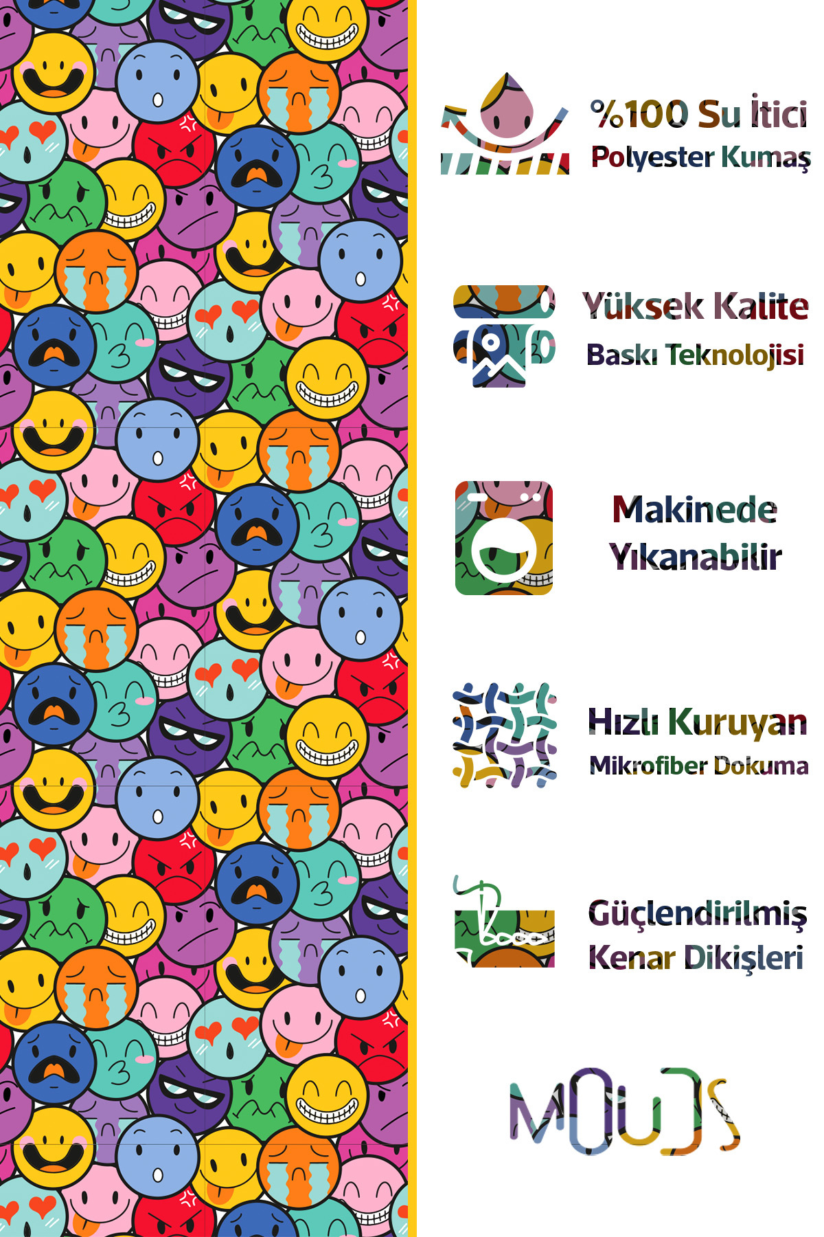 Banyo Perdesi, Emoji Desenli Duş Perdesi, Küvet Perdesi, Halka Hediyeli 175x200cm BP-105