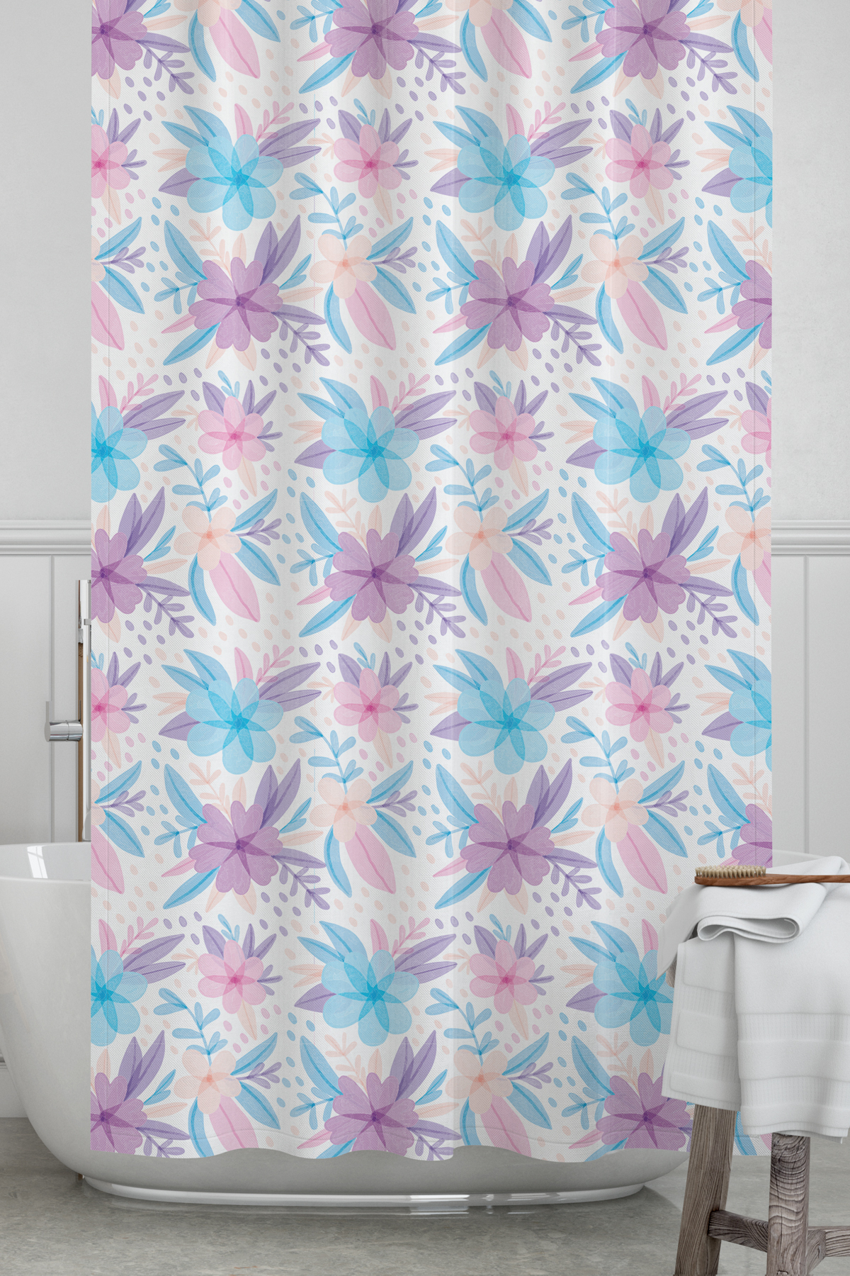 Banyo Perdesi, Soft Çiçekler Desenli Duş Perdesi, Küvet Perdesi, Halka Hediyeli 175x200cm BP-13