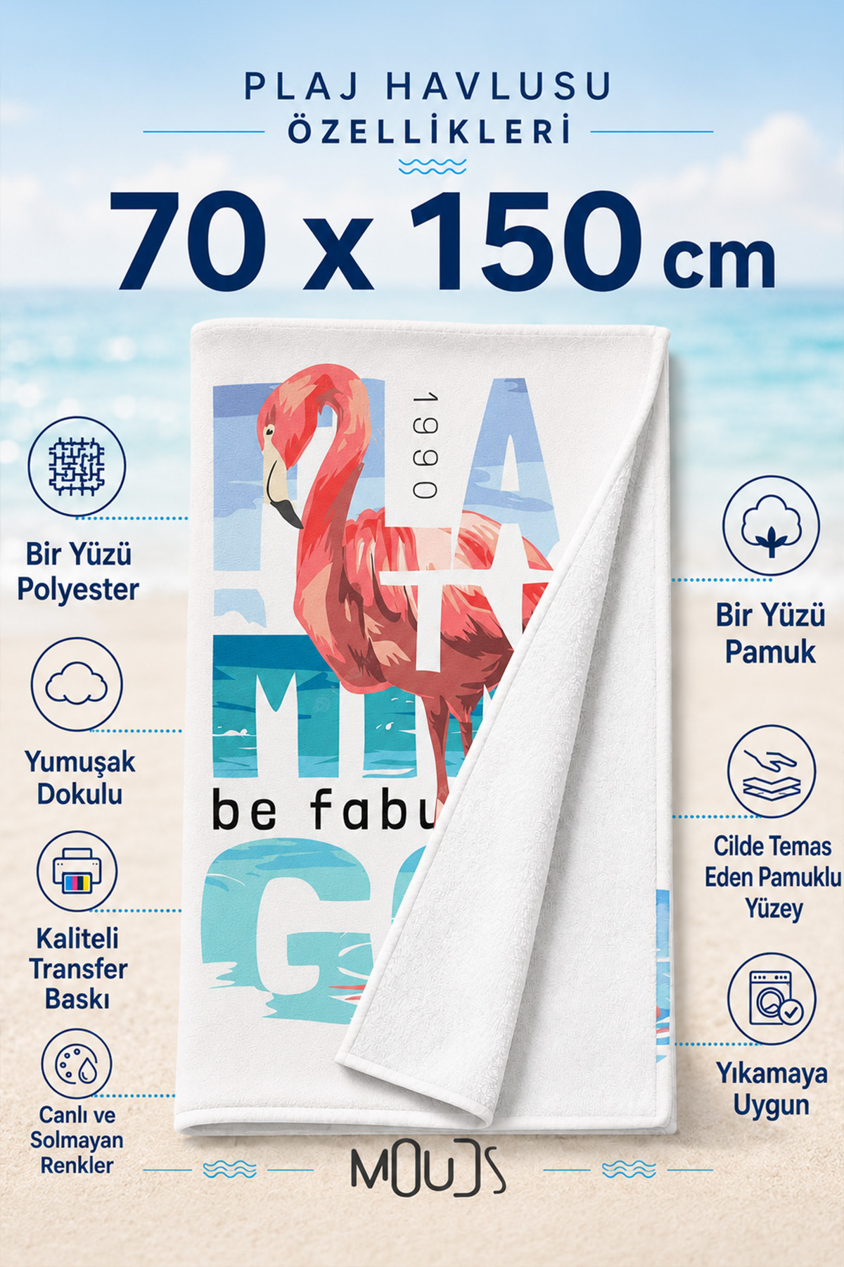 Dijital Baskılı 70x150cm Flamingo Desenli Plaj Havlusu - Banyo Havlusu - Deniz Havlusu - 3