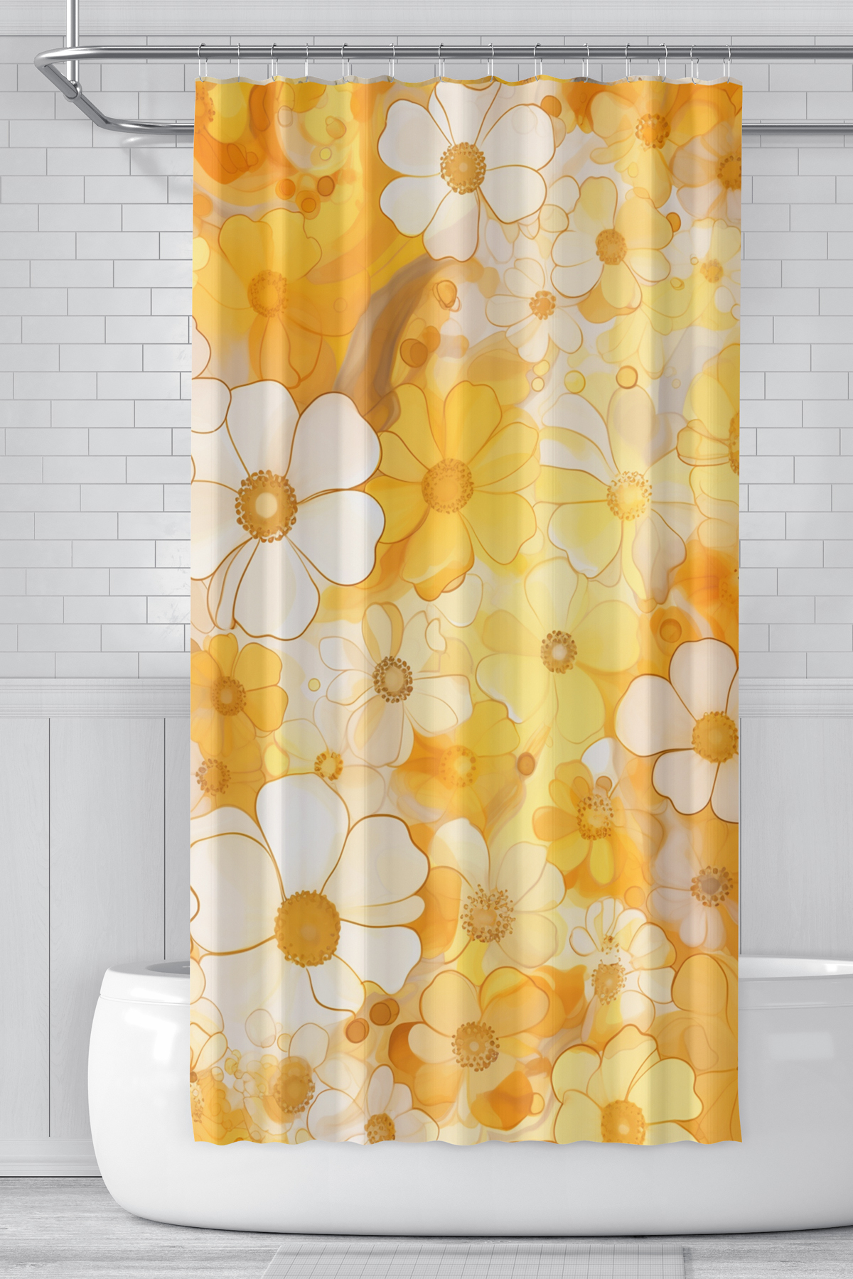 Banyo Perdesi, Sarı Papatyalar Desenli Duş Perdesi, Küvet Perdesi, Halka Hediyeli 175x200cm BP-37