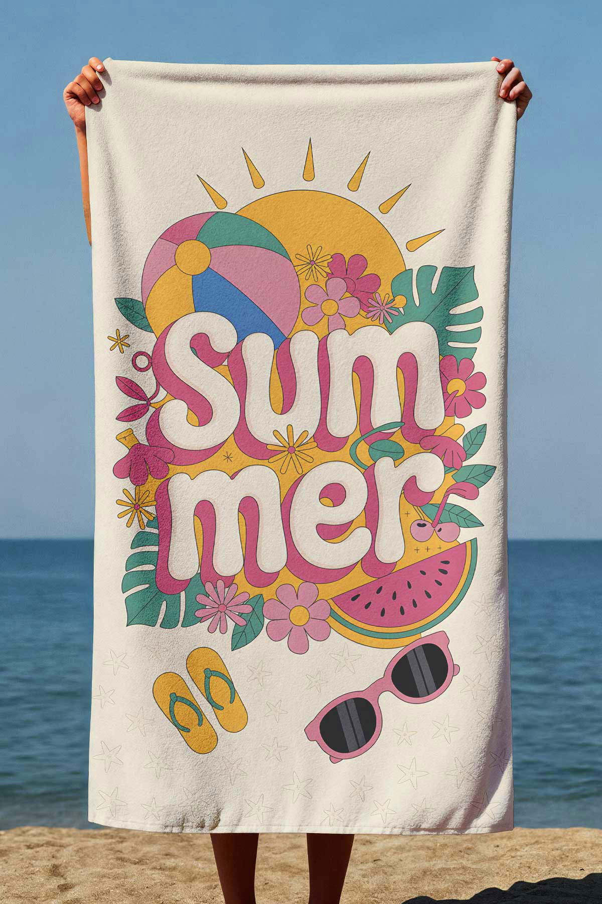 Dijital Baskılı 70x150cm Summer Desenli Plaj Havlusu - Banyo Havlusu - Deniz Havlusu