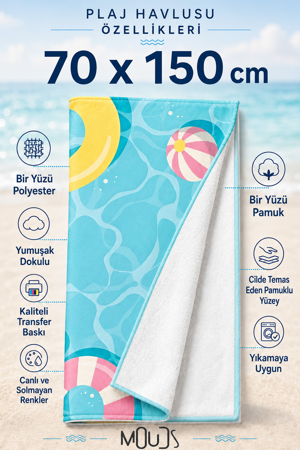 Dijital Baskılı 70x150cm Mavi Tatil Desenli Plaj Havlusu - Banyo Havlusu - Deniz Havlusu