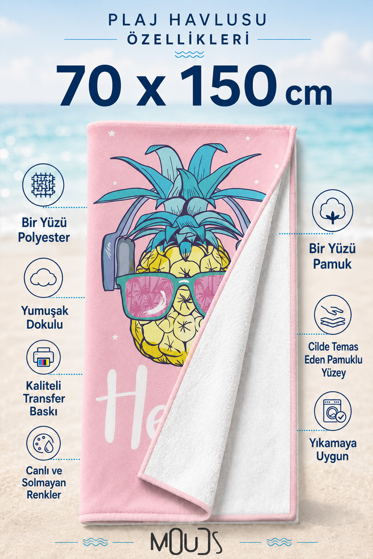 Dijital Baskılı 70x150cm Pembe Ananas Desenli Plaj Havlusu - Banyo Havlusu - Deniz Havlusu