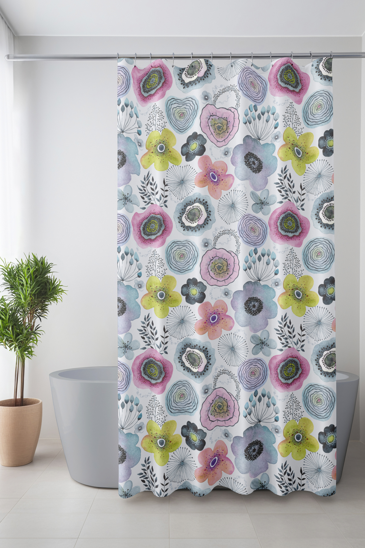 Banyo Perdesi, Su Çiçeği Desenli Duş Perdesi, Küvet Perdesi, Halka Hediyeli 175x200cm BP-99