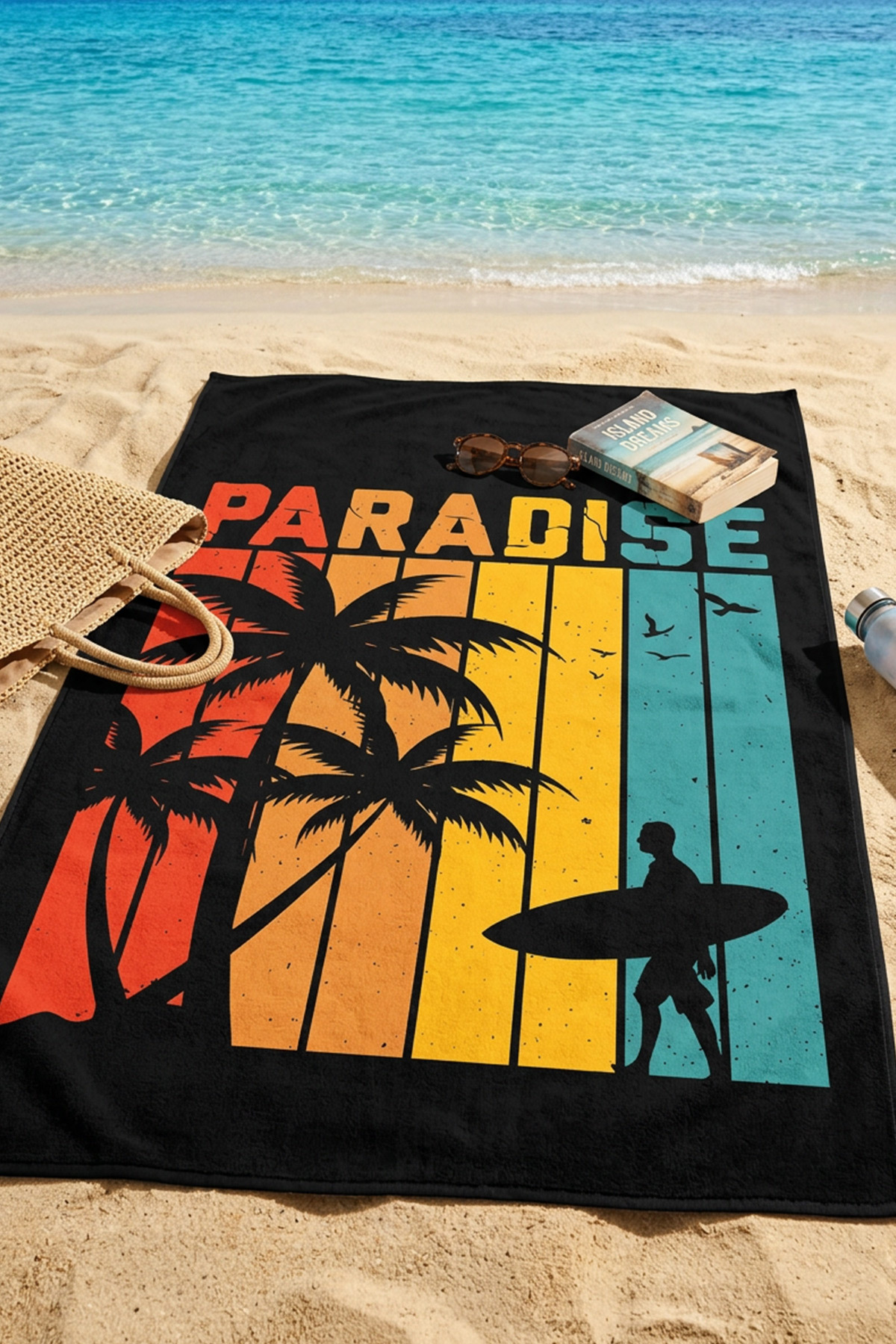 Dijital Baskılı 70x150cm Paradise Desenli Plaj Havlusu - Banyo Havlusu - Deniz Havlusu