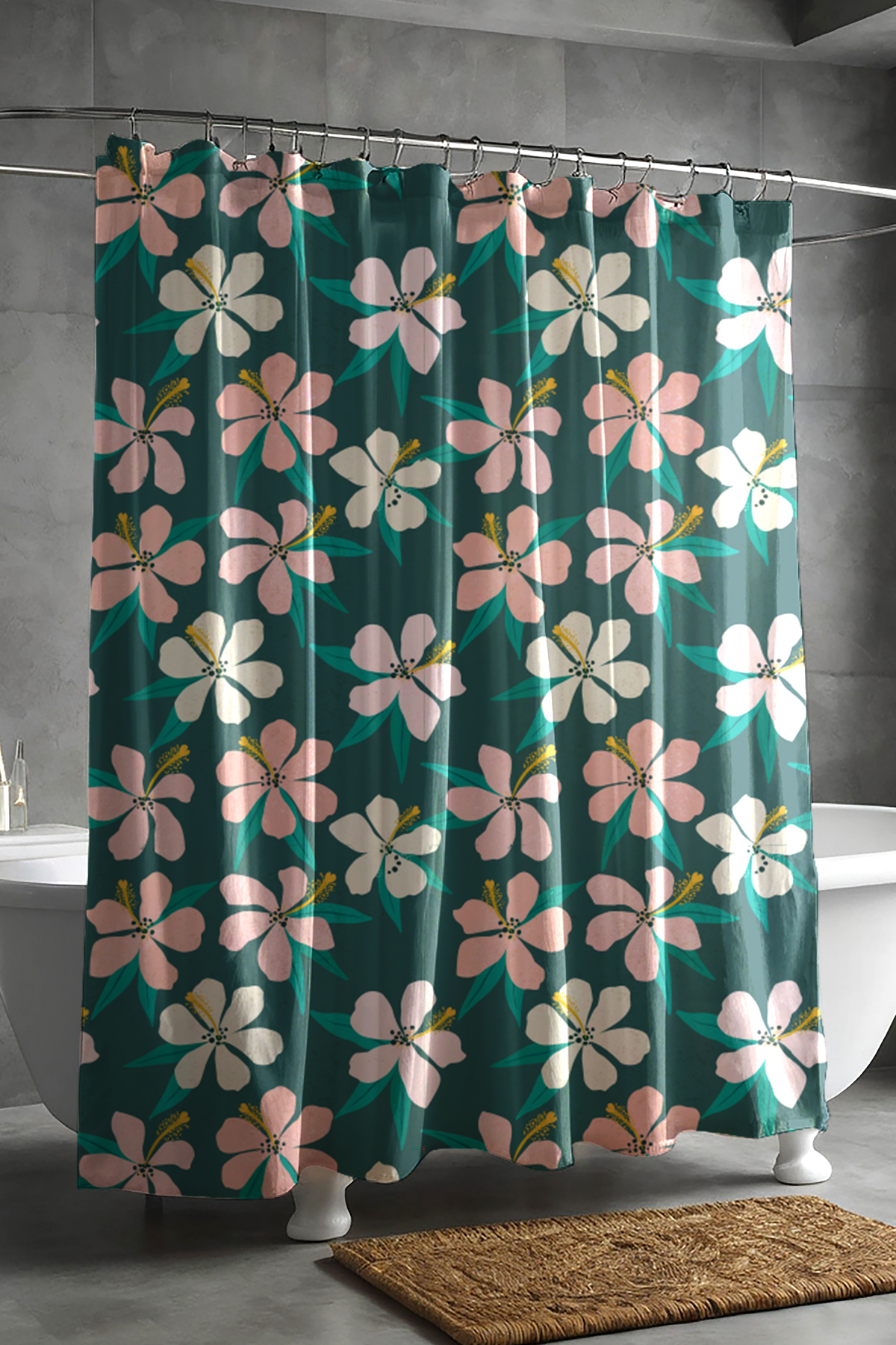 Banyo Perdesi, Koyu Yeşil Papatya Desenli Duş Perdesi, Küvet Perdesi, Halka Hediyeli 175x200cm BP-27
