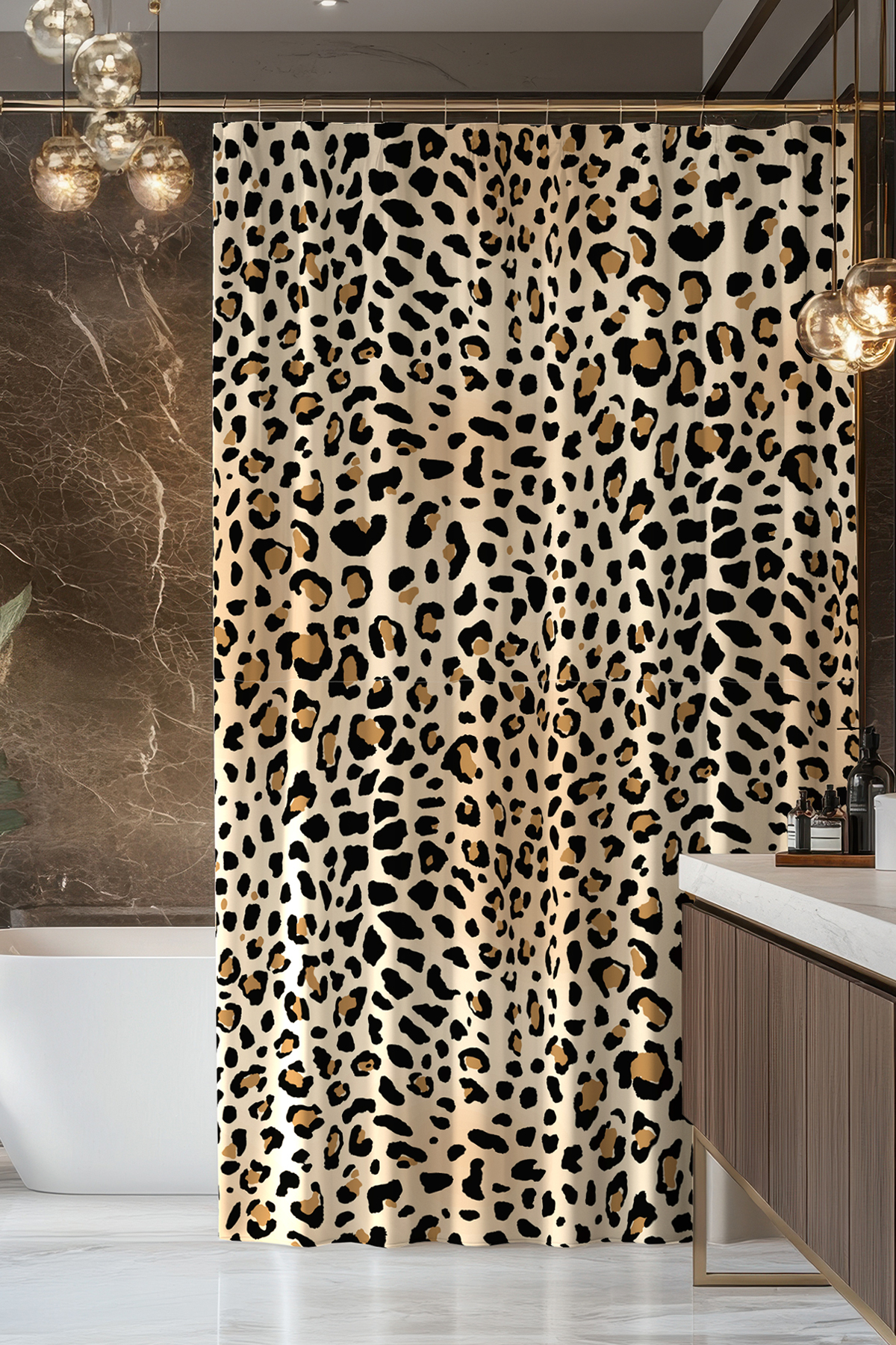 Banyo Perdesi, Leopar Desenli Duş Perdesi, Küvet Perdesi, Halka Hediyeli 175x200cm BP-67