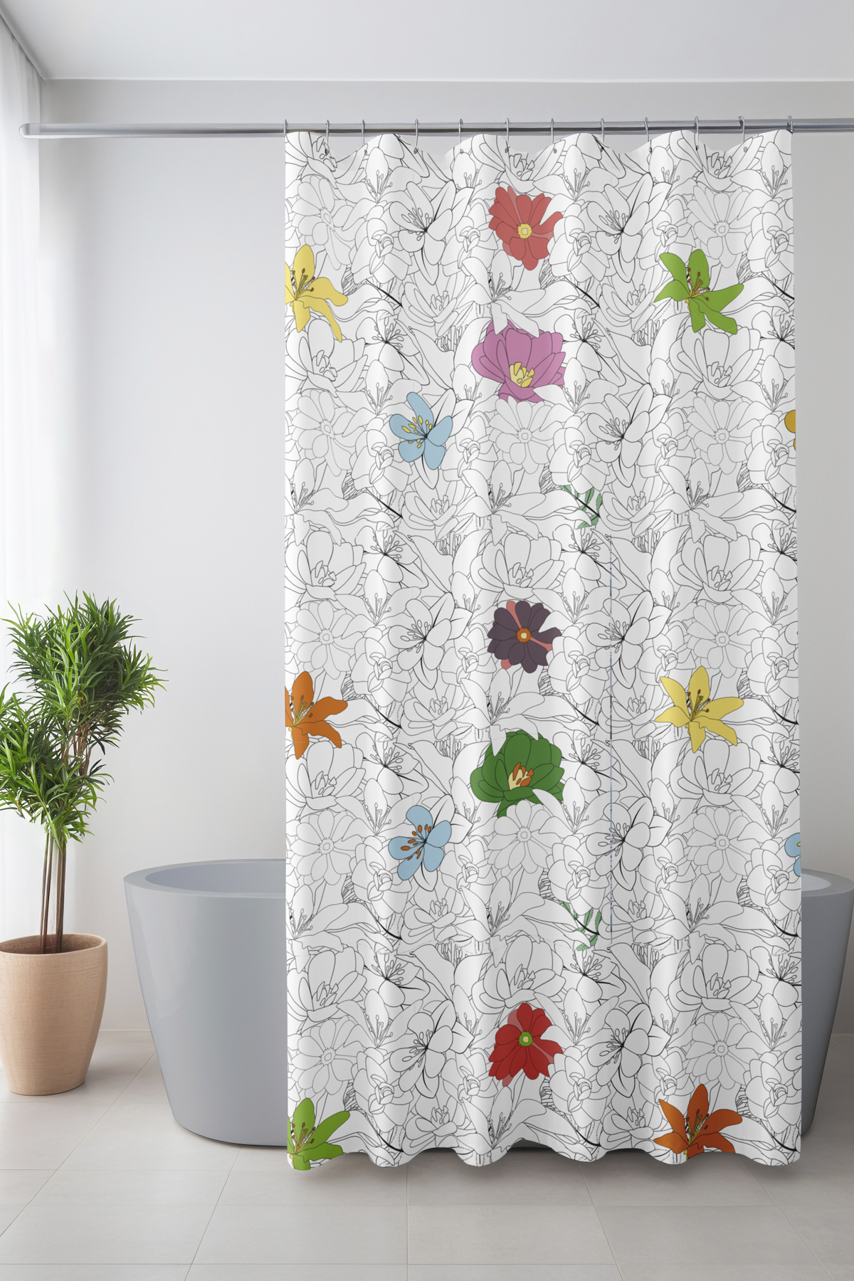 Banyo Perdesi, Çiçek Serisi Desenli Duş Perdesi, Küvet Perdesi, Halka Hediyeli 175x200cm BP-104