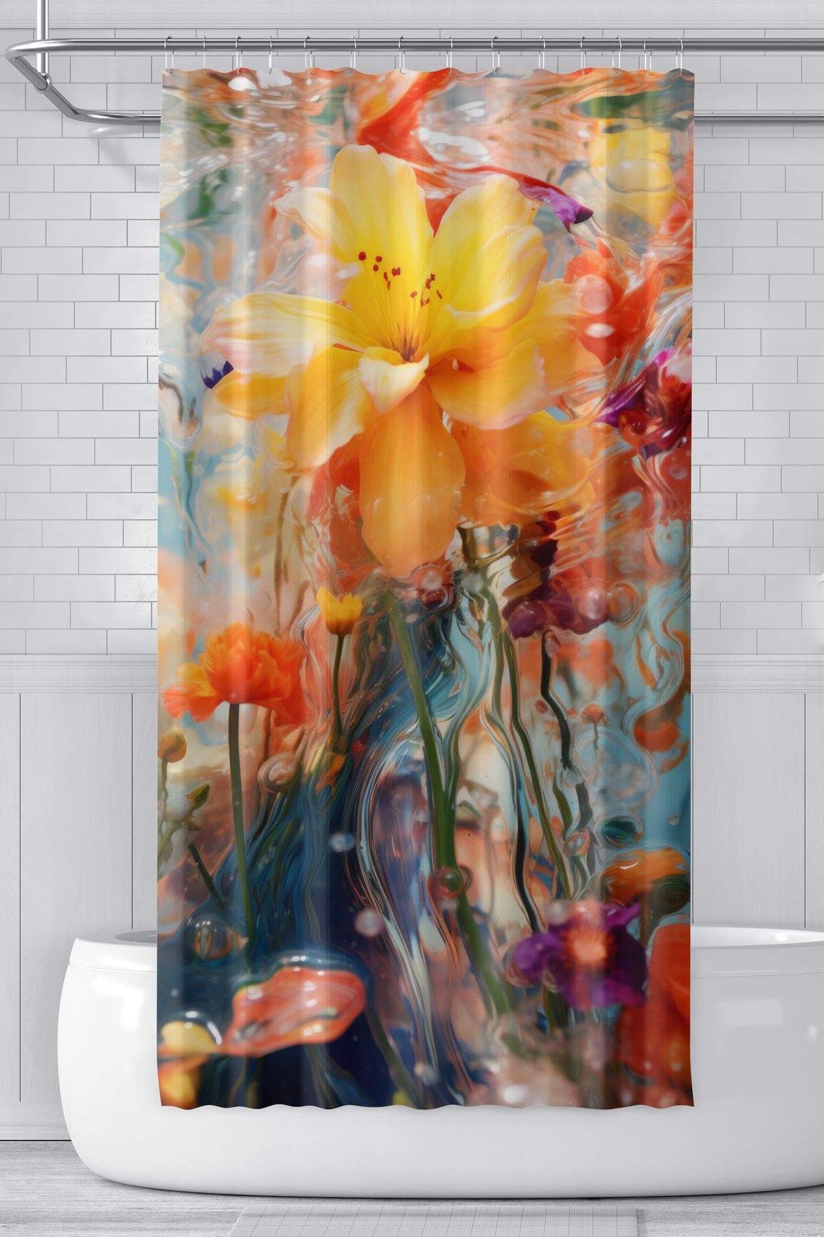 Banyo Perdesi, Yağlı Boya Çiçek Desenli Duş Perdesi, Küvet Perdesi, Halka Hediyeli 175x200cm BP-34