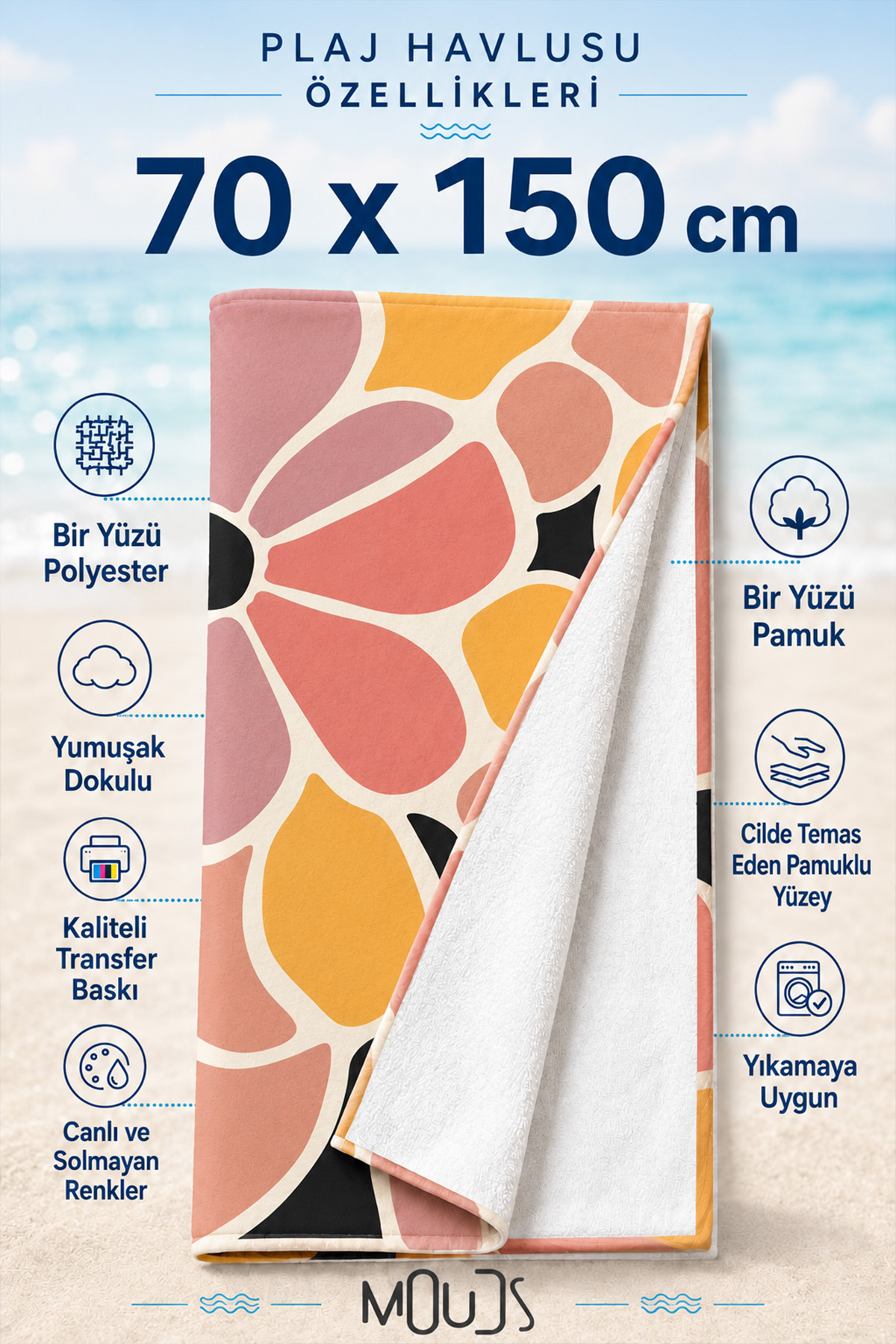 Dijital Baskılı 70x150cm Toprak ve Güneş Desenli Plaj Havlusu - Banyo Havlusu - Deniz Havlusu