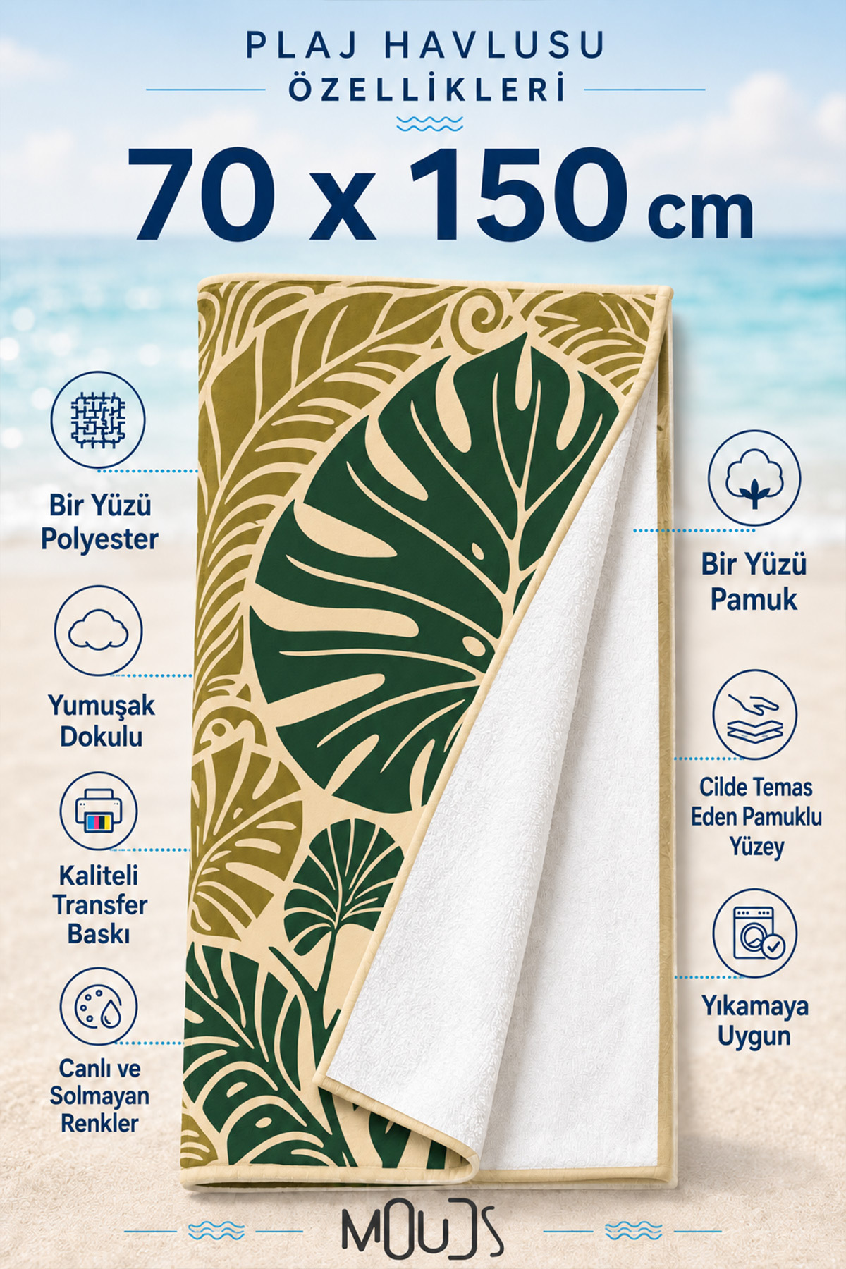 Dijital Baskılı 70x150cm Antik Botanik Desenli Plaj Havlusu - Banyo Havlusu - Deniz Havlusu