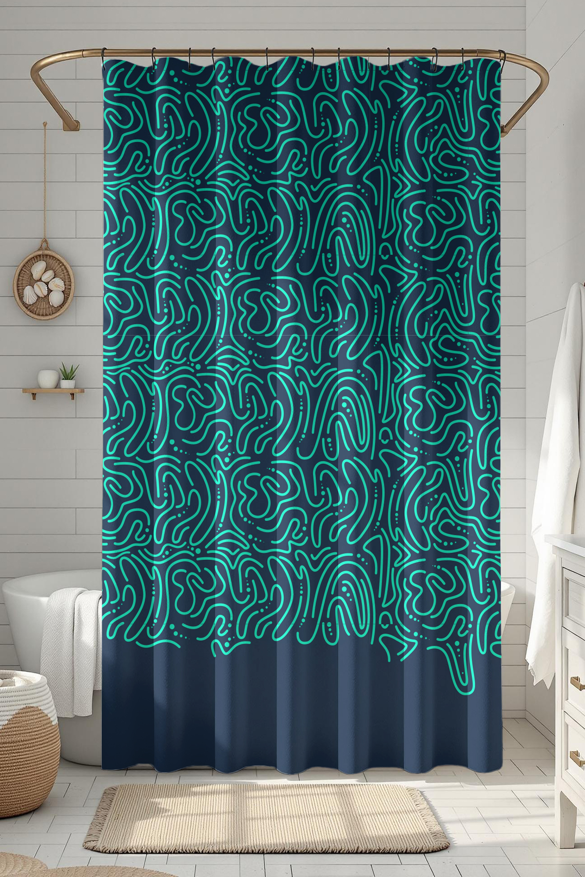 Banyo Perdesi, Yeşil Dalgalar Desenli Duş Perdesi Küvet Perdesi Halka Hediyeli 175x200cm BP-48