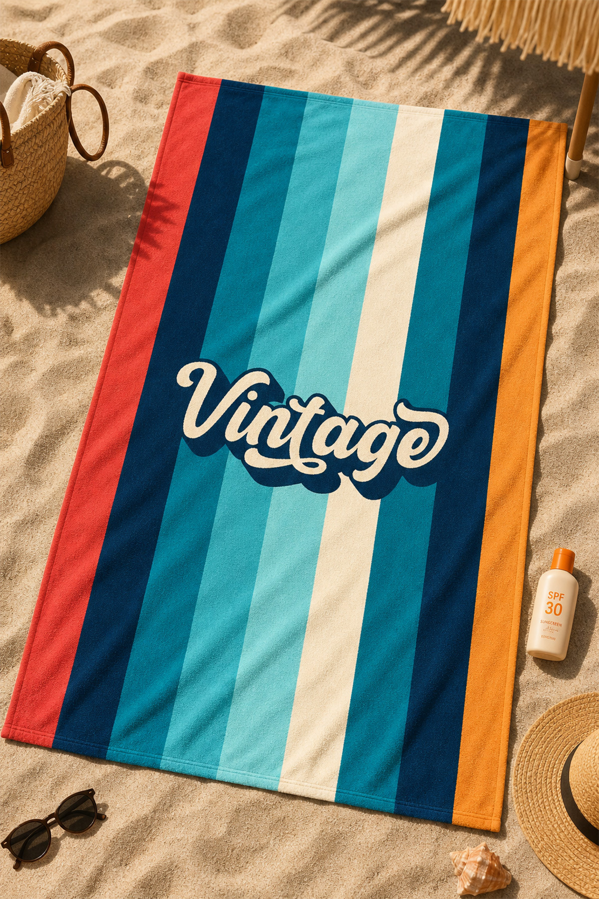 Dijital Baskılı 70x150cm Retro Kuşak Desenli Plaj Havlusu - Banyo Havlusu - Deniz Havlusu