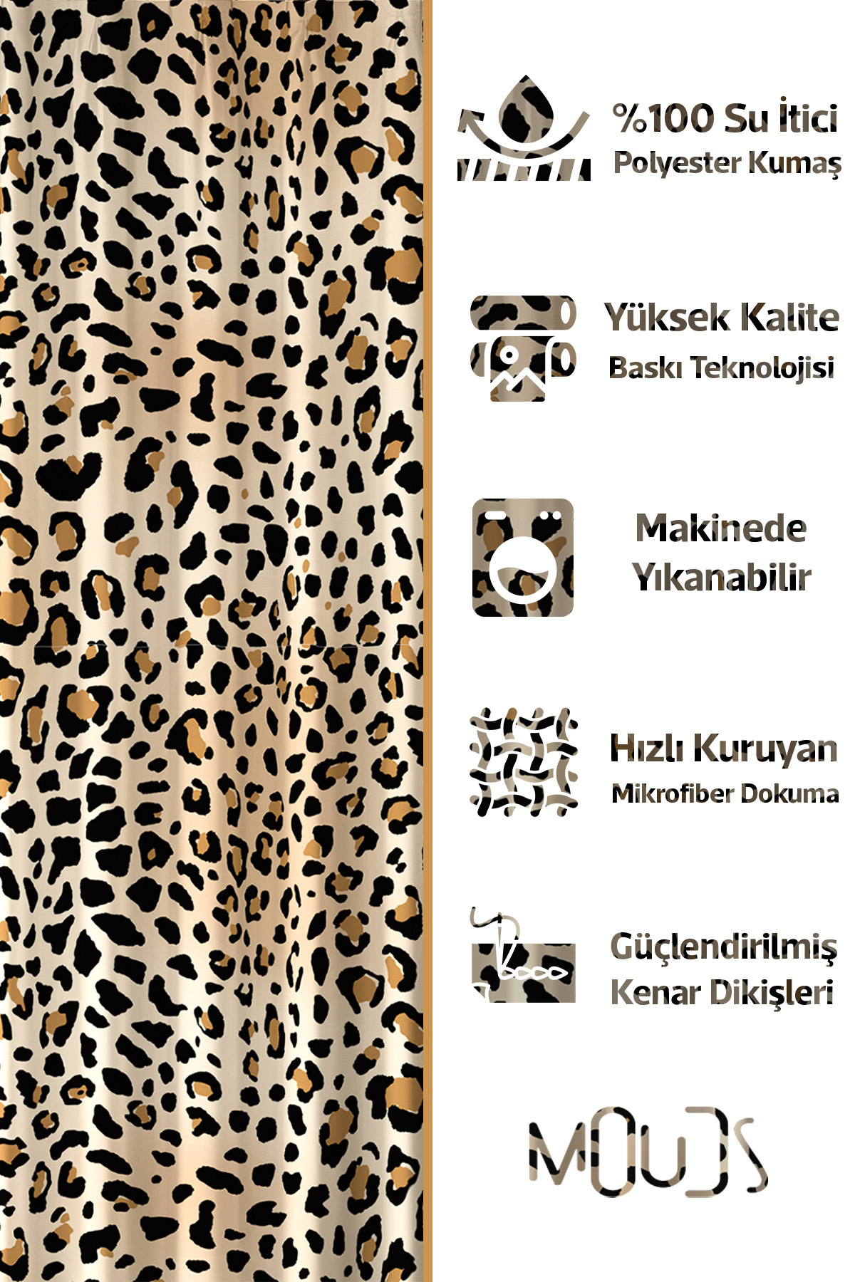 Banyo Perdesi, Leopar Desenli Duş Perdesi, Küvet Perdesi, Halka Hediyeli 175x200cm BP-67