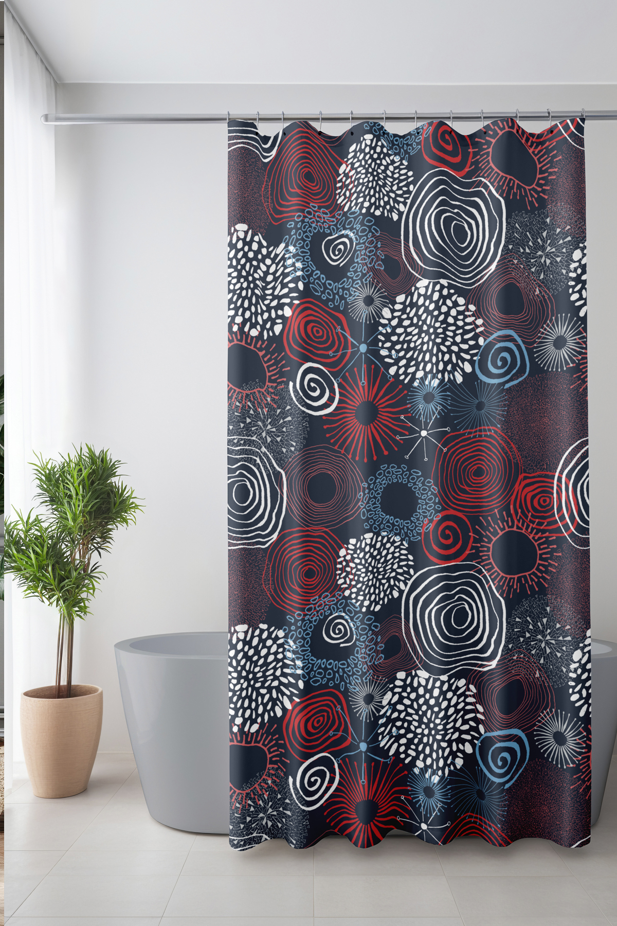 Banyo Perdesi, Spiral Çiçekler Desenli Duş Perdesi, Küvet Perdesi, Halka Hediyeli 175x200cm BP-98