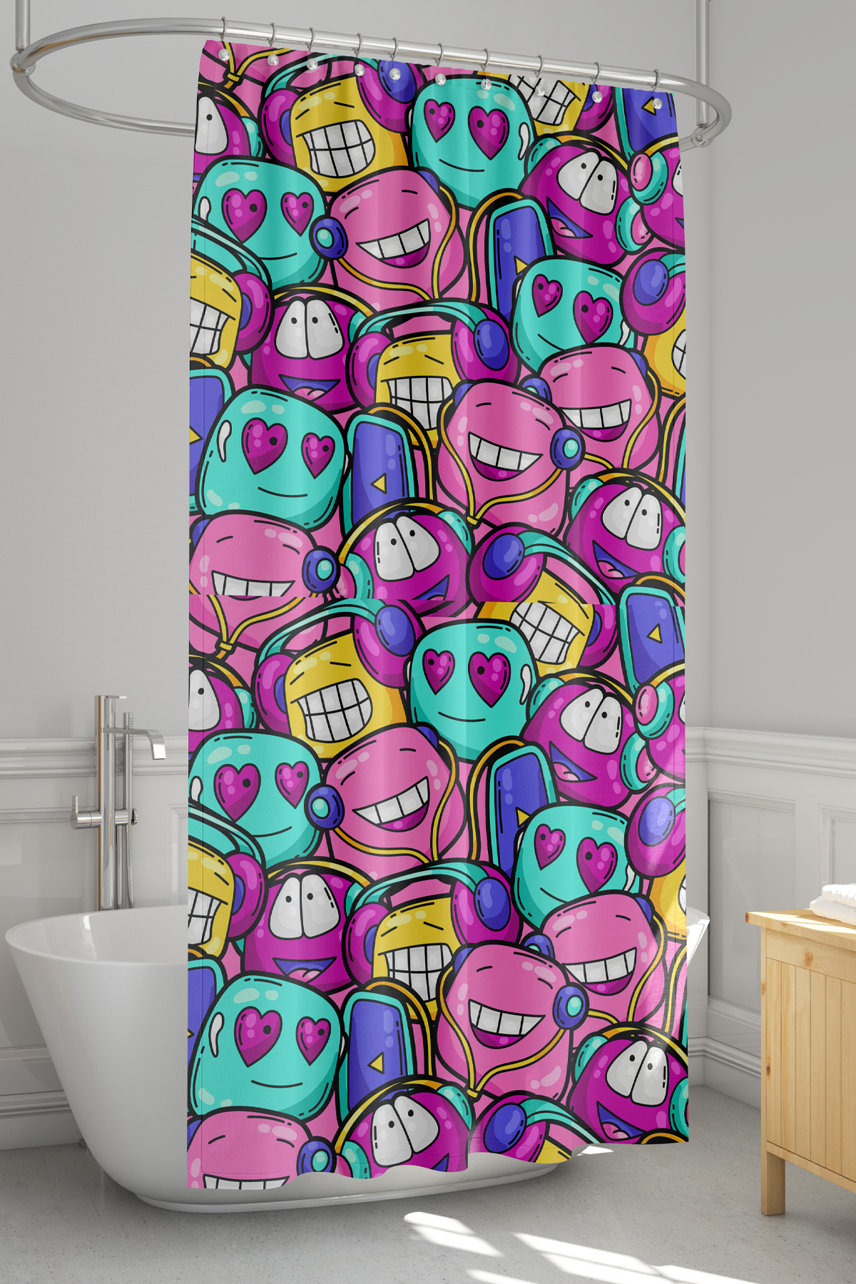 Banyo Perdesi, Sevimli Emoji Desenli Duş Perdesi, Küvet Perdesi, Halka Hediyeli 175x200cm BP-69