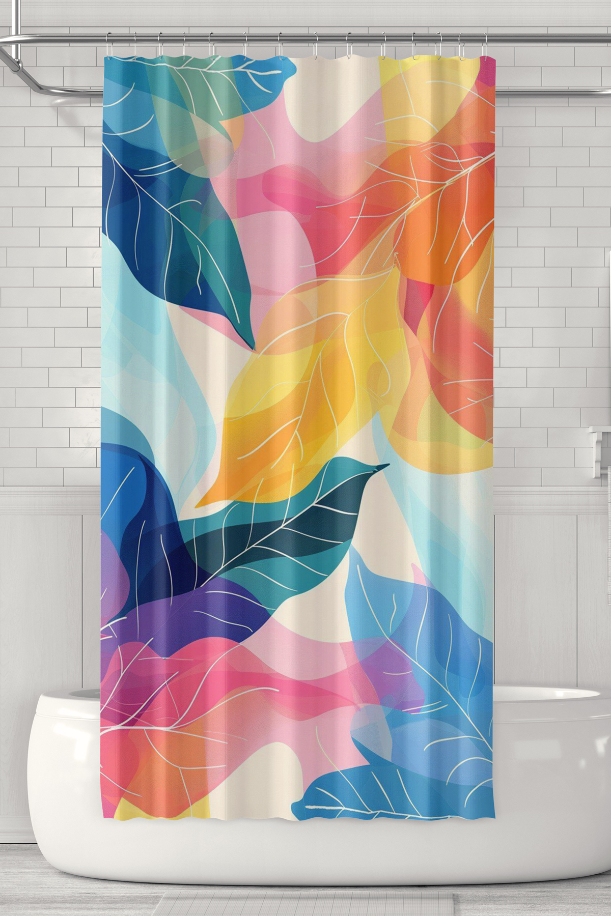 Banyo Perdesi, Renkli Yapraklar Desenli Duş Perdesi, Küvet Perdesi, Halka Hediyeli 175x200cm BP-09