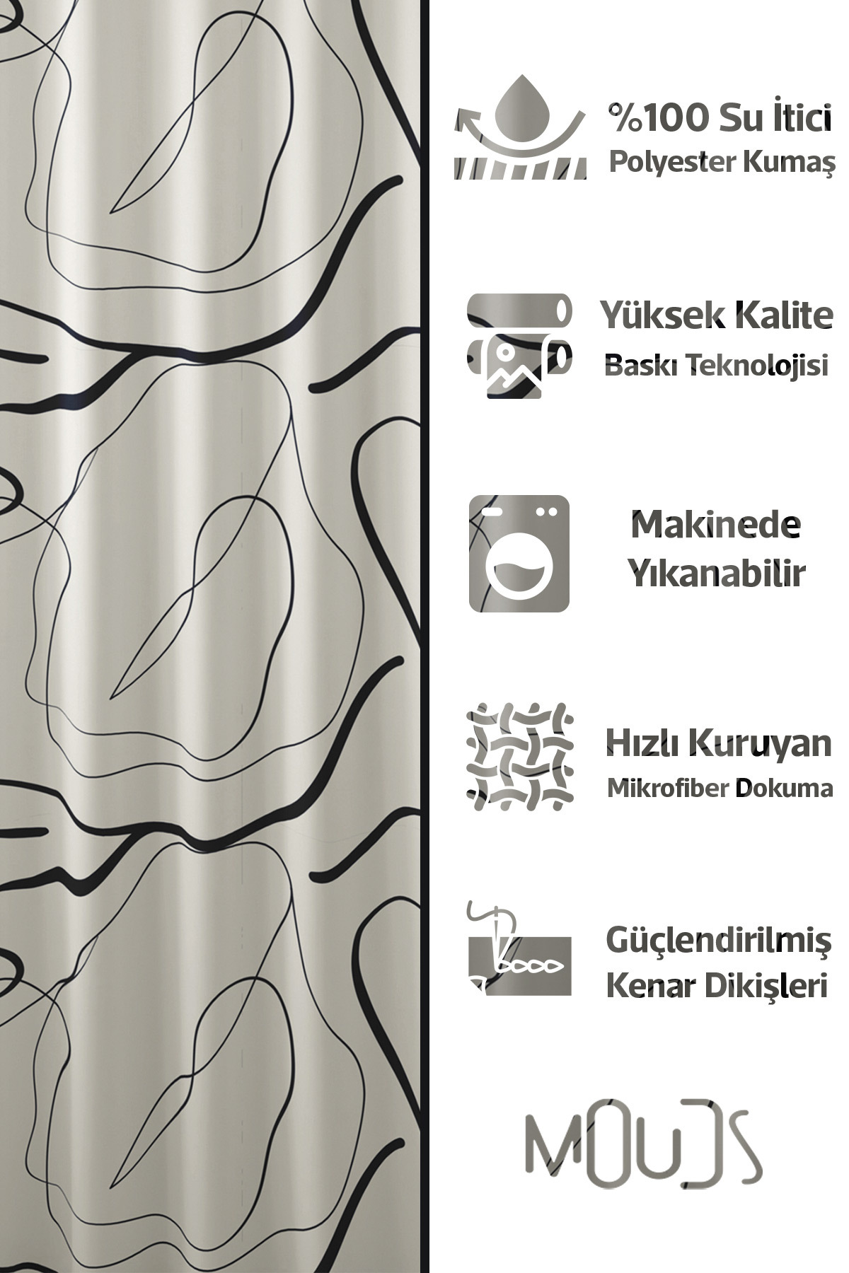 Banyo Perdesi, Omegu 4 Desenli Duş Perdesi, Küvet Perdesi, Halka Hediyeli 175x200cm BP-101