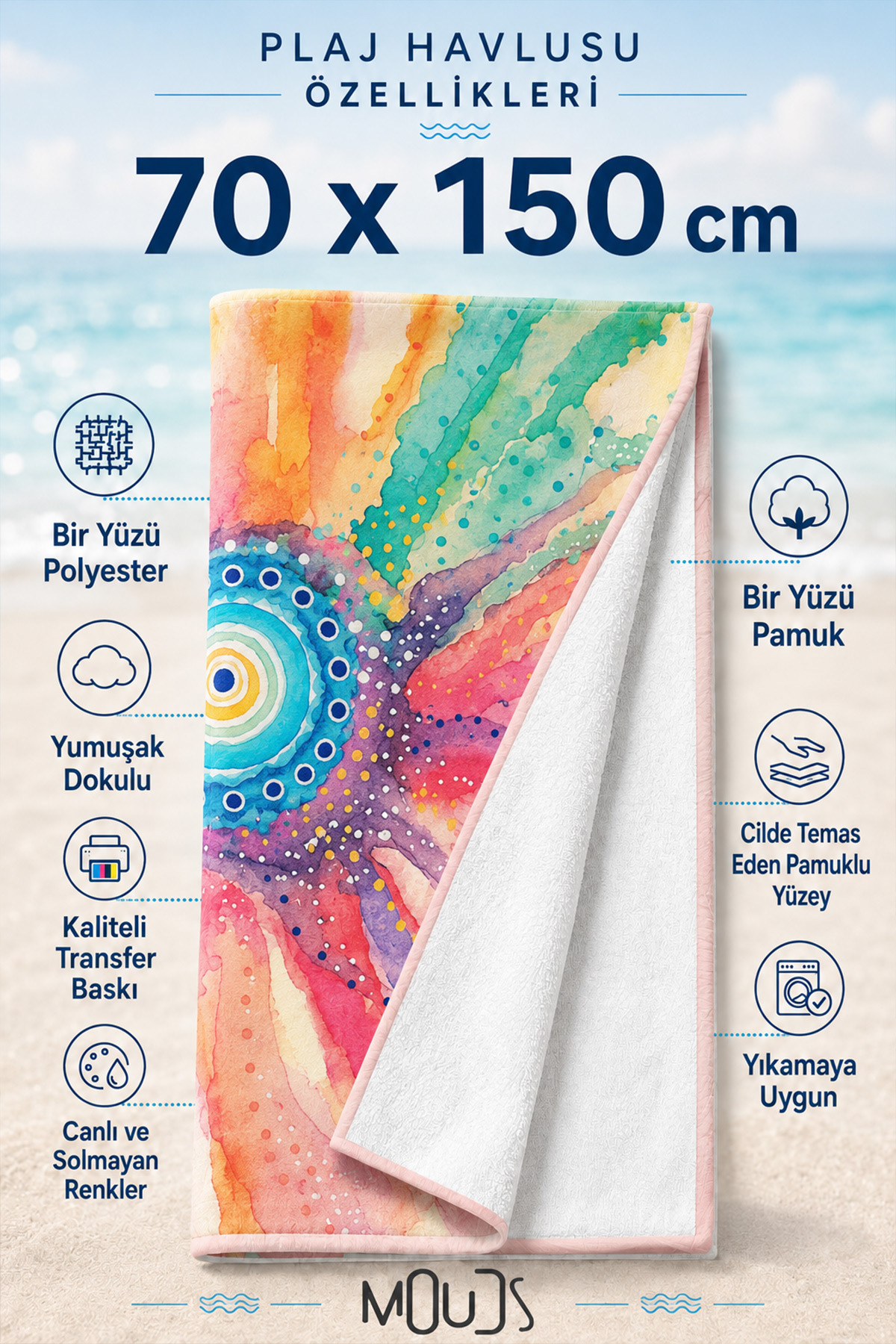 Dijital Baskılı 70x150cm Tılsımlı Güneş Desenli Plaj Havlusu - Banyo Havlusu - Deniz Havlusu