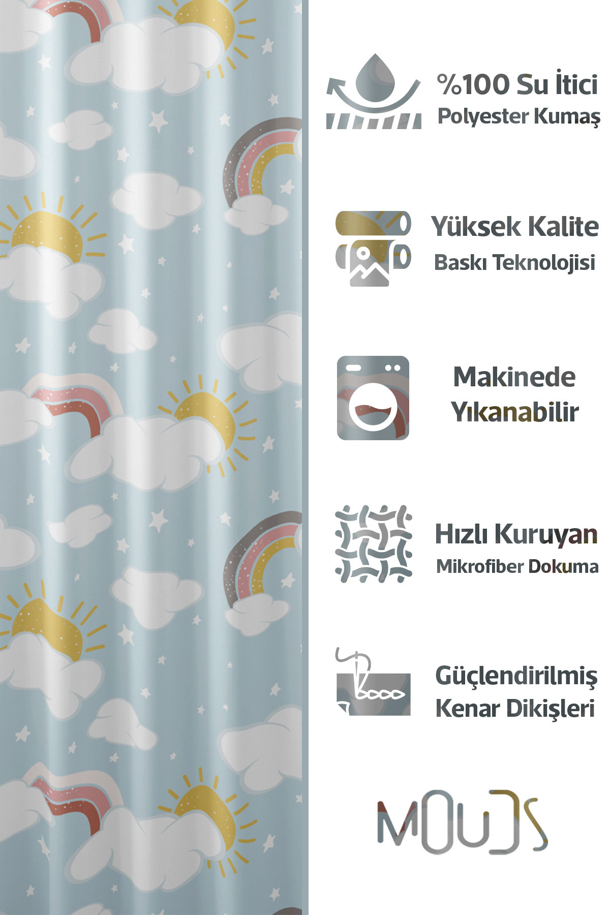 Banyo Perdesi, Gökkuşağı ve Güneş Desenli Duş Perdesi, Küvet Perdesi, Halka Hediyeli 175x200cm BP-11