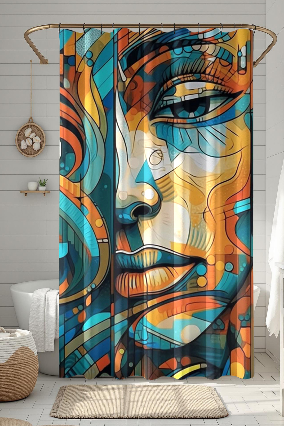 Banyo Perdesi, Renkli Yüz Desenli Duş Perdesi, Küvet Perdesi, Halka Hediyeli 175x200cm BP-43