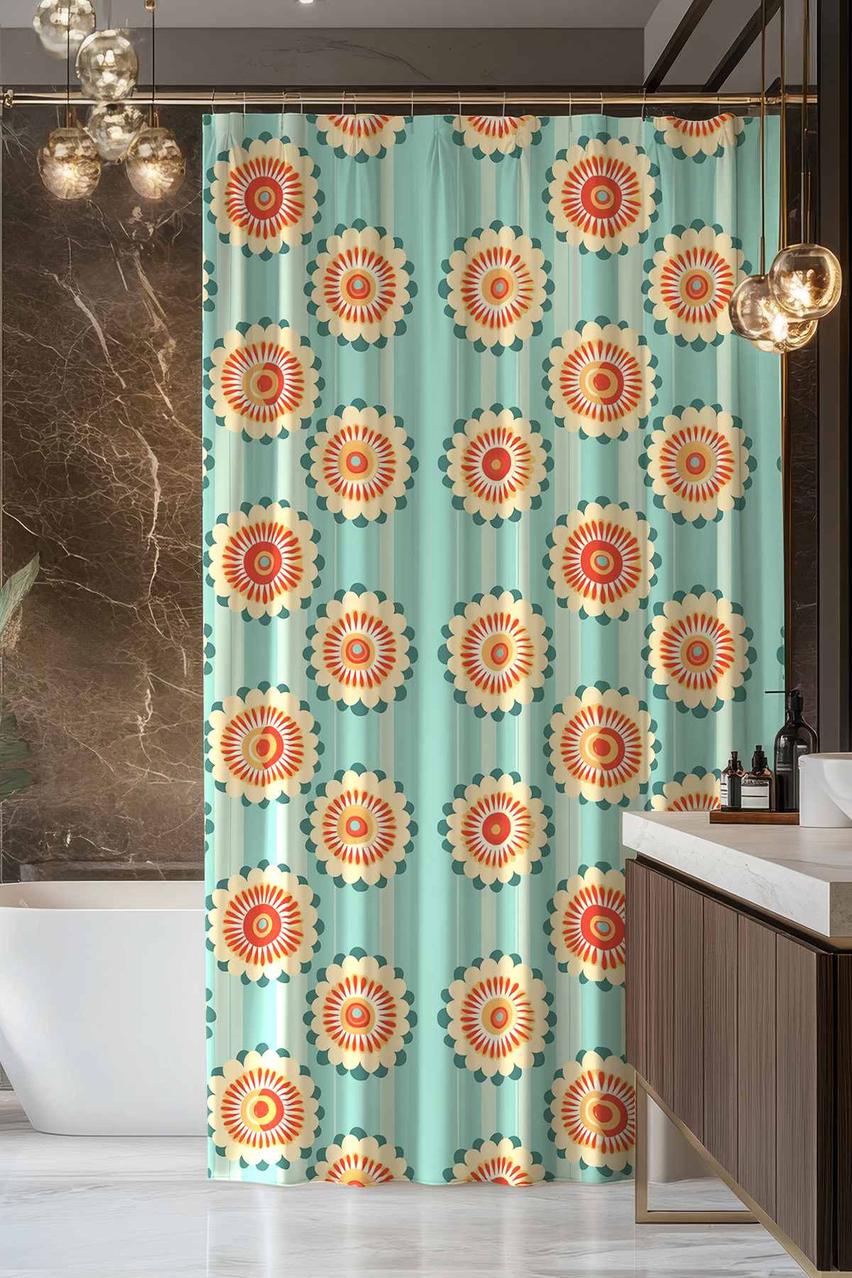 Banyo Perdesi, Turkuaz Bahar Desenli Duş Perdesi, Küvet Perdesi, Halka Hediyeli 175x200cm BP-41