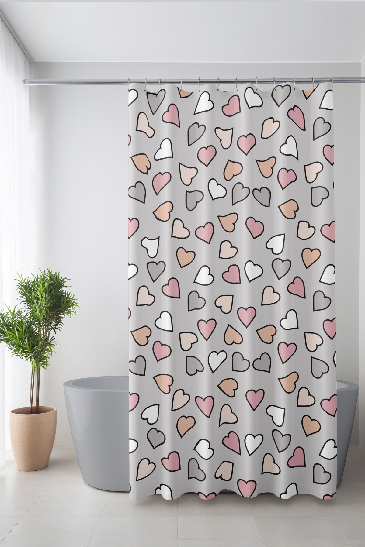 Banyo Perdesi, Gri Kalpler Desenli Duş Perdesi, Küvet Perdesi, Halka Hediyeli 175x200cm BP-22