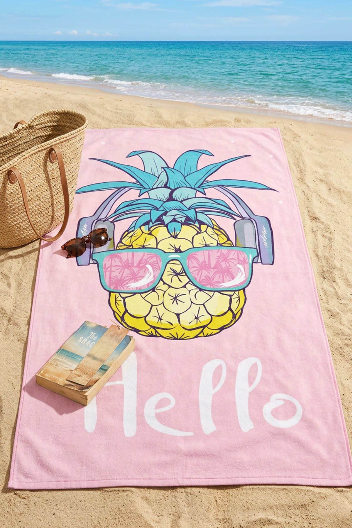 Dijital Baskılı 70x150cm Pembe Ananas Desenli Plaj Havlusu - Banyo Havlusu - Deniz Havlusu - 5