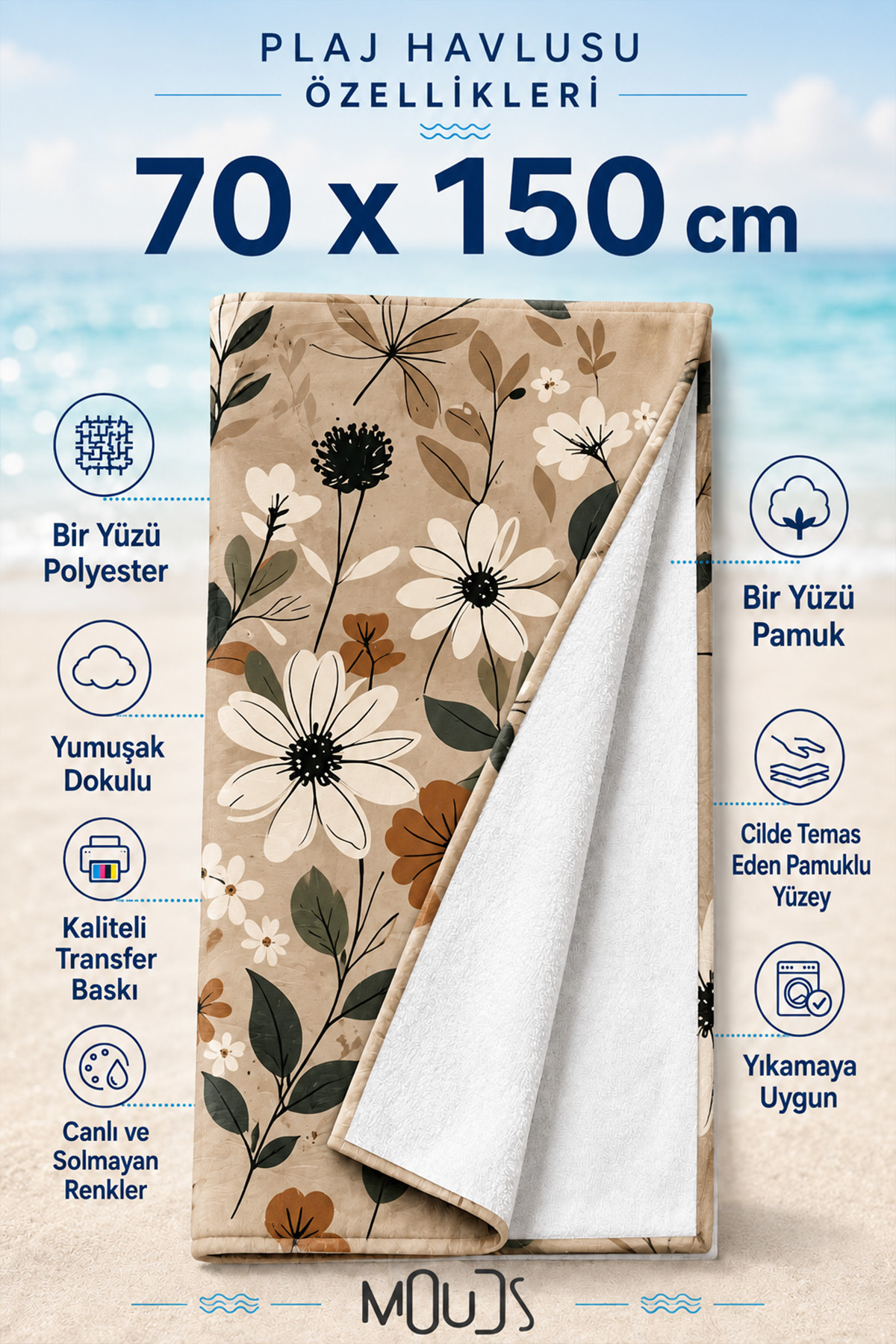 Dijital Baskılı 70x150cm Yaban Papatyaları Desenli Plaj Havlusu - Banyo Havlusu - Deniz Havlusu - 5