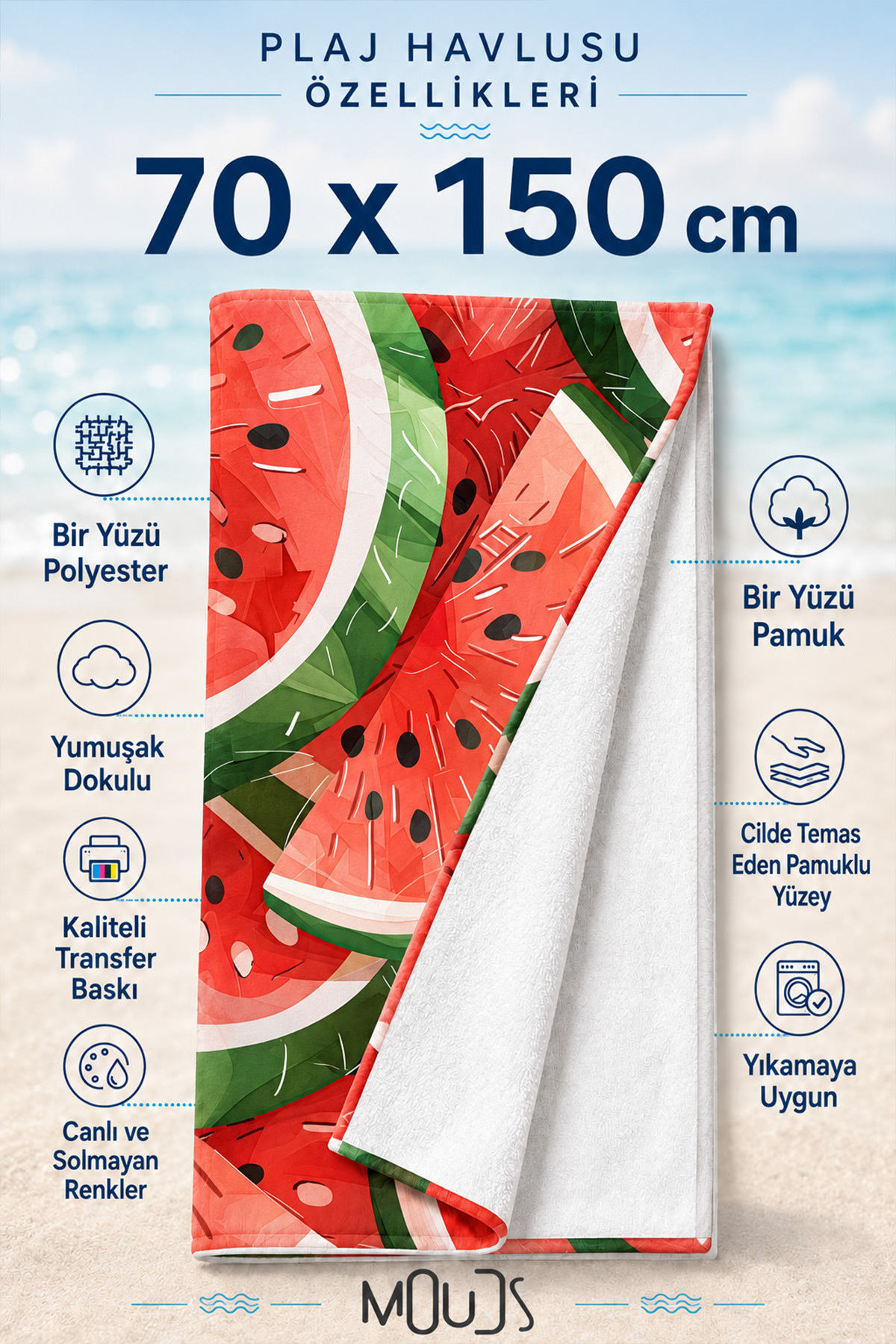 Dijital Baskılı 70x150cm Karpuz Desenli Plaj Havlusu - Banyo Havlusu - Deniz Havlusu