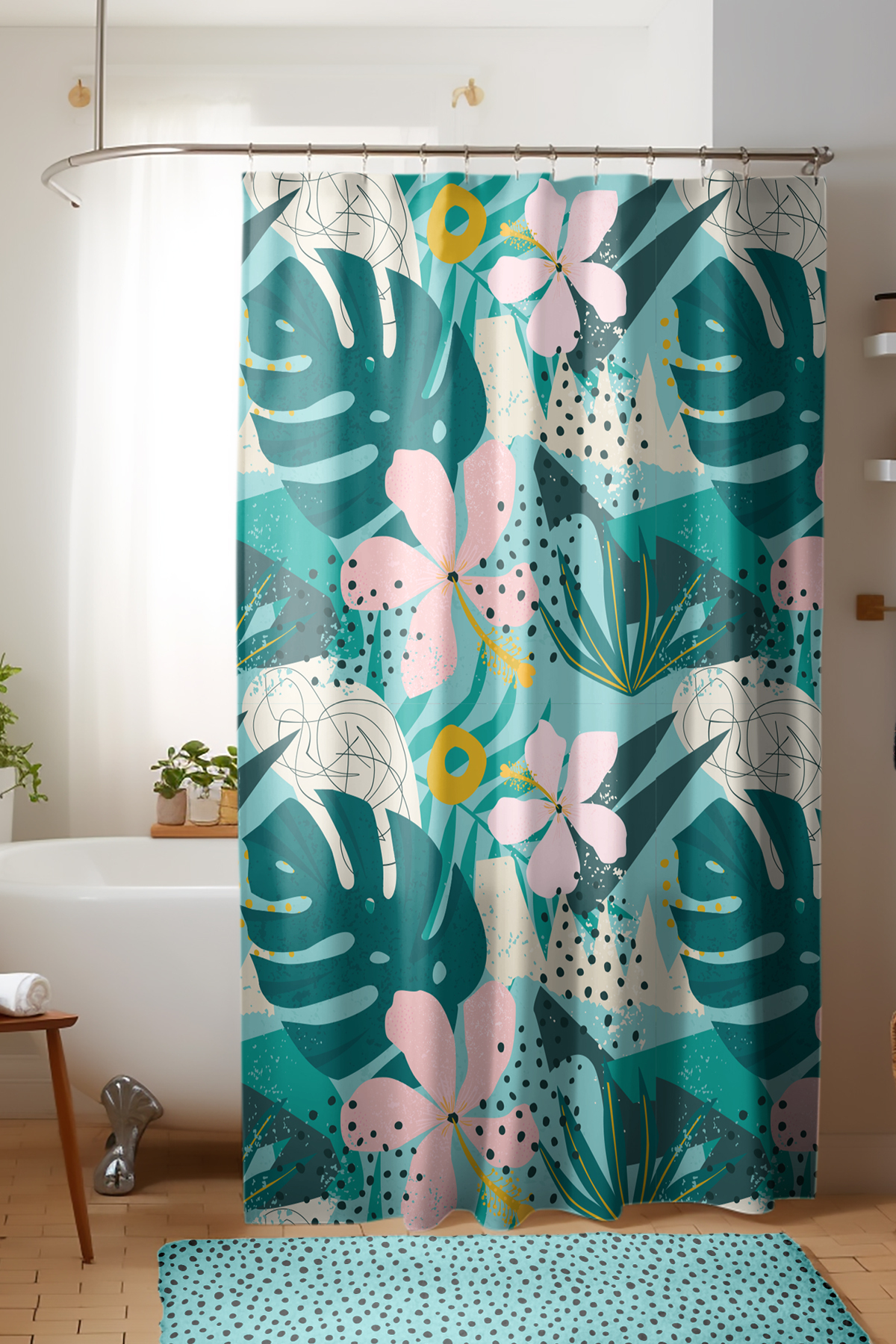 Banyo Perdesi, Büyük Çiçek Desenli Duş Perdesi, Küvet Perdesi, Halka Hediyeli 175x200cm BP-30