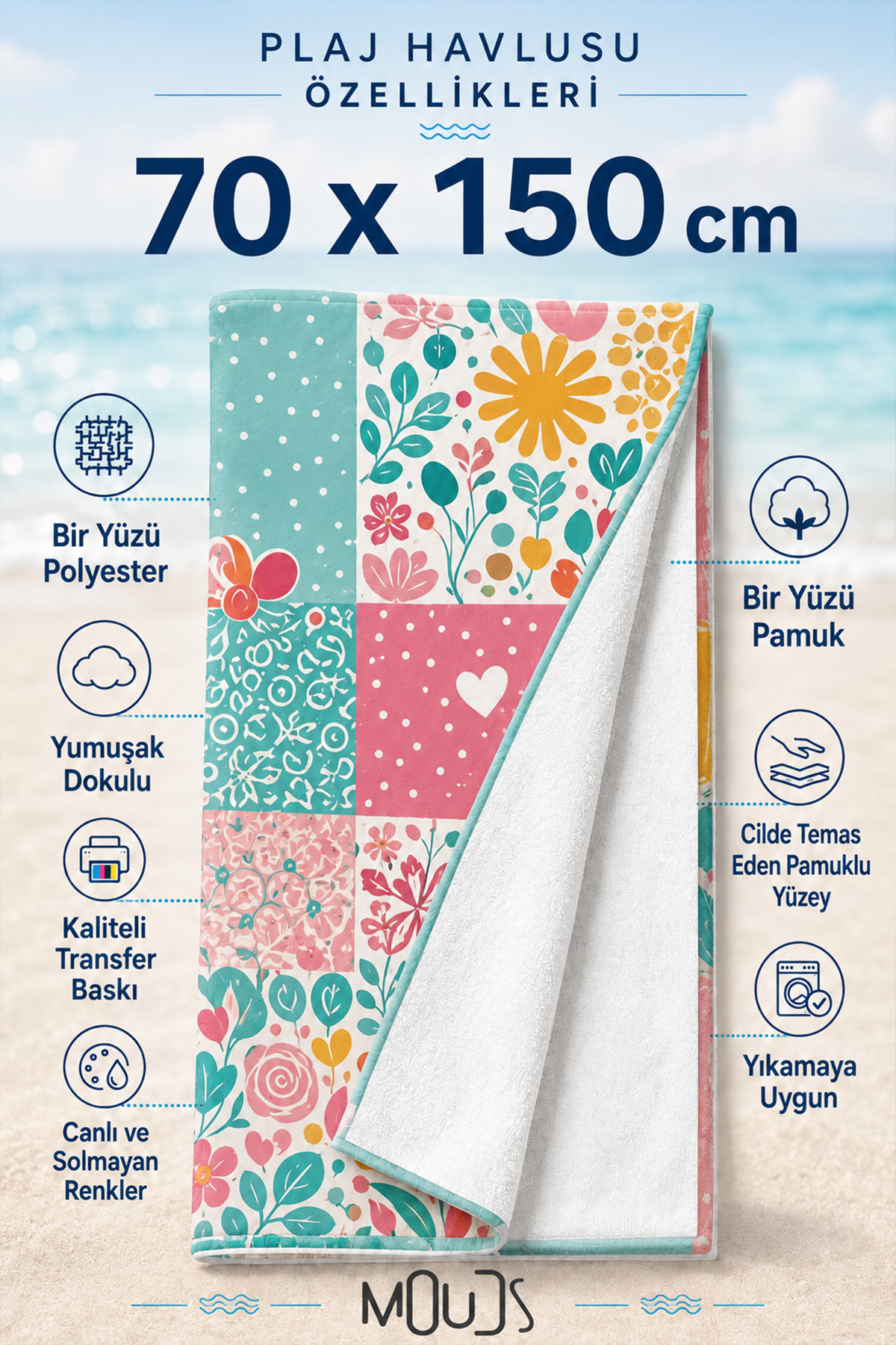 Dijital Baskılı 70x150cm Puantiyeli Bahçe Desenli Plaj Havlusu - Banyo Havlusu - Deniz Havlusu