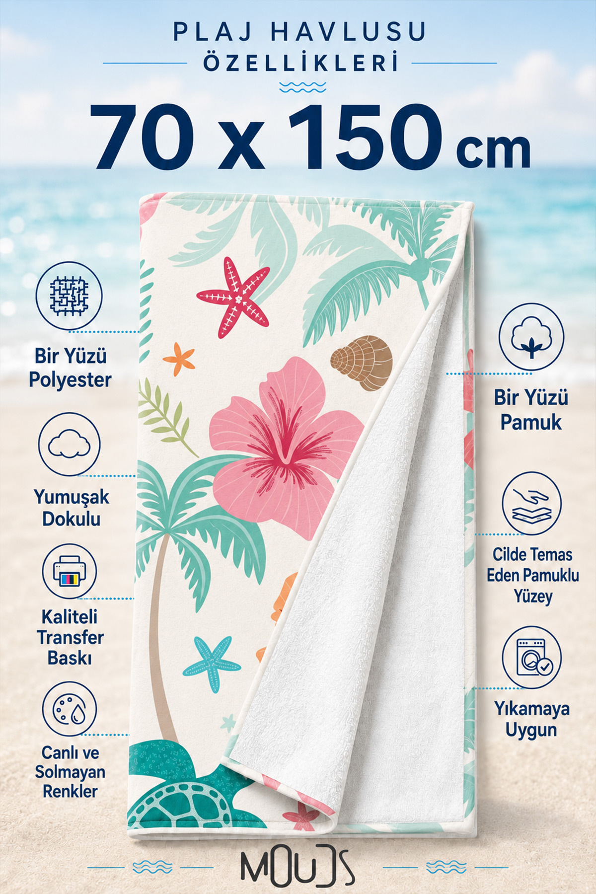 Dijital Baskılı 70x150cm Tropikal Ada Desenli Plaj Havlusu - Banyo Havlusu - Deniz Havlusu