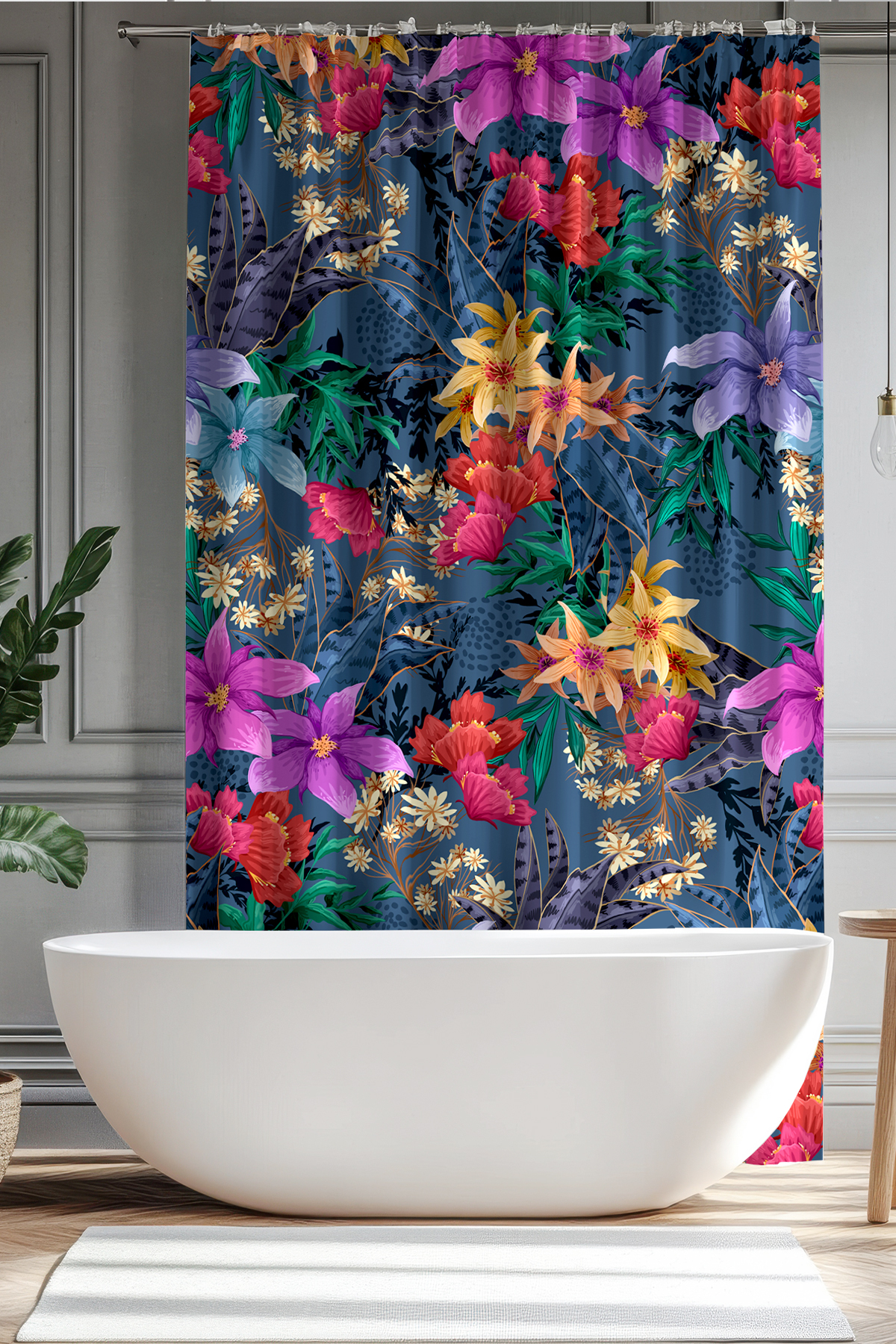Banyo Perdesi, Gece Çiçekleri Desenli Duş Perdesi, Küvet Perdesi, Halka Hediyeli 175x200cm BP-97