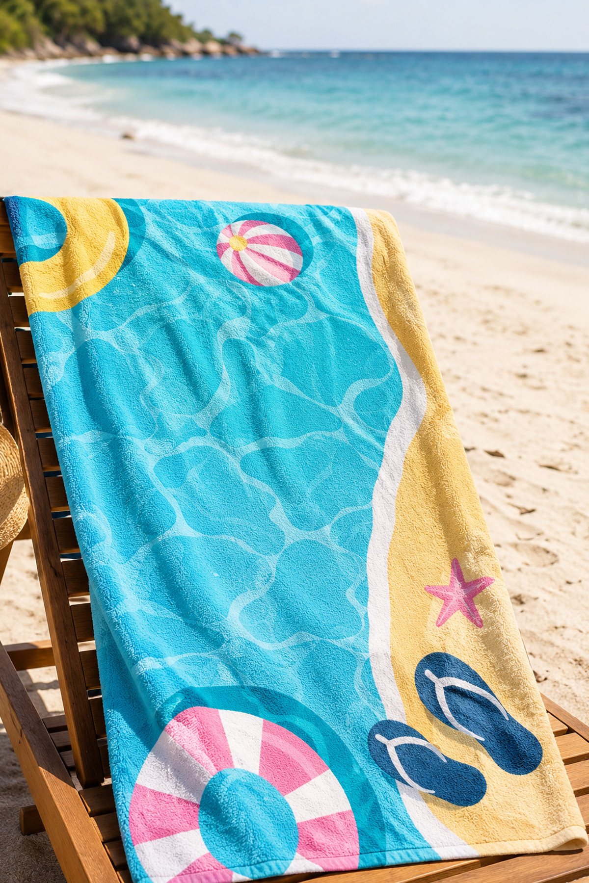Dijital Baskılı 70x150cm Mavi Tatil Desenli Plaj Havlusu - Banyo Havlusu - Deniz Havlusu - 3