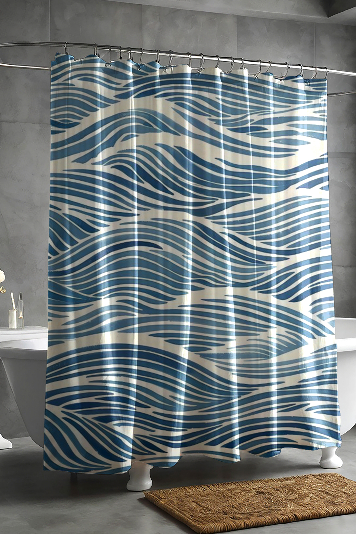 Banyo Perdesi, Mavi Dalga Desenli Duş Perdesi, Küvet Perdesi, Halka Hediyeli 175x200cm BP-03