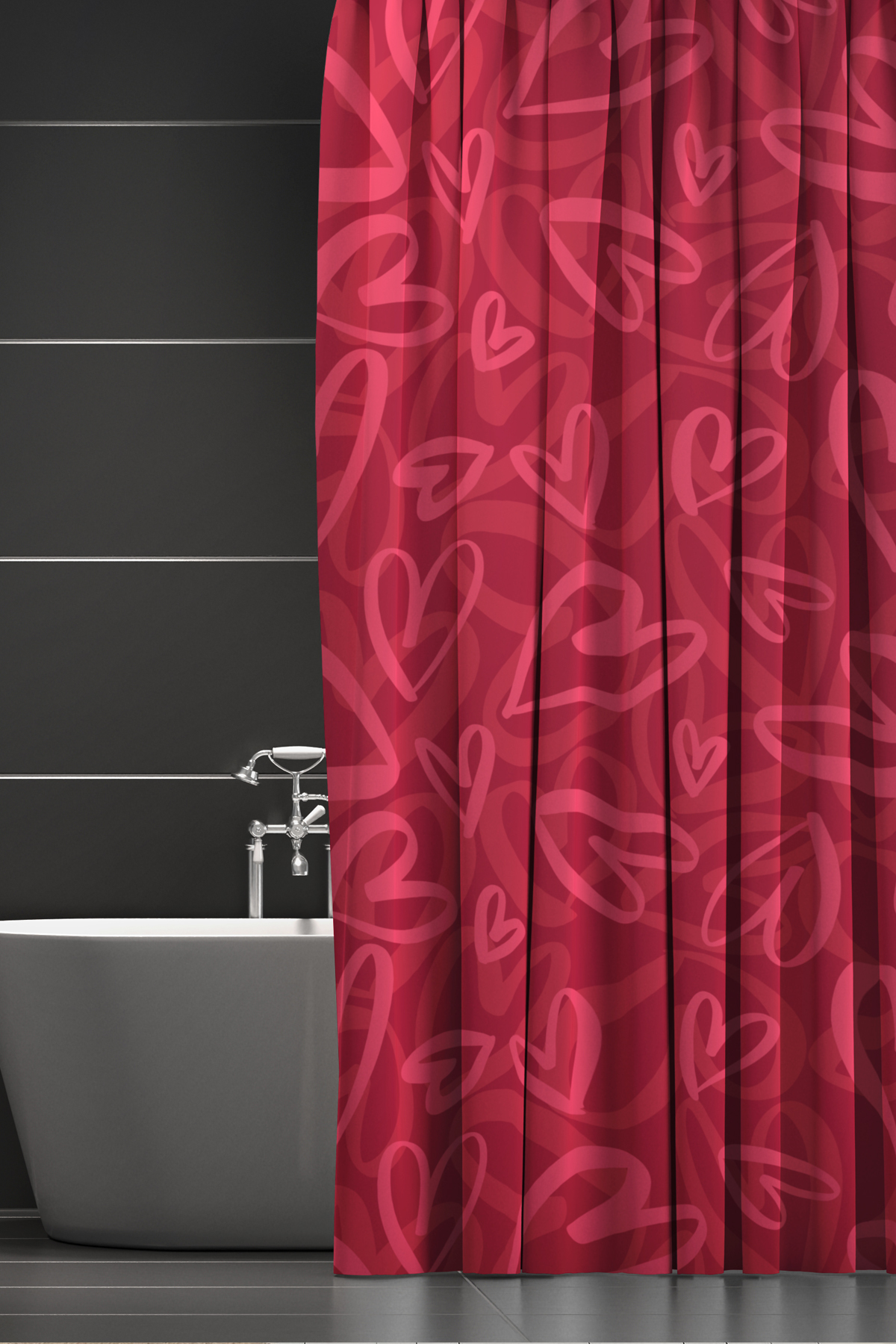 Banyo Perdesi, Kırmızı Pembe Kalp Desenli Duş Perdesi, Küvet Perdesi, Halka Hediyeli 175x200cm BP-64