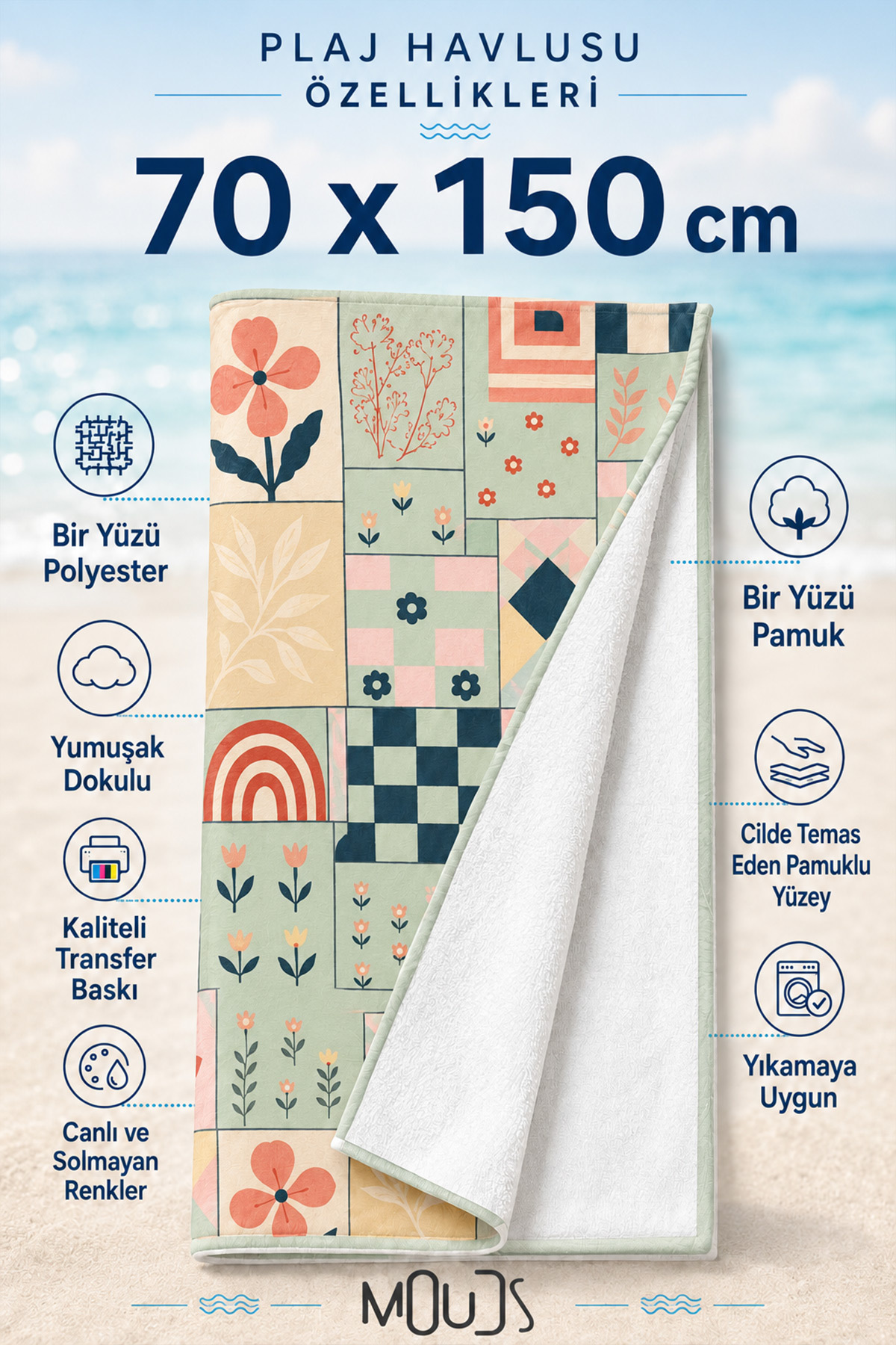 Dijital Baskılı 70x150cm Nostaljik Mozaik Desenli Plaj Havlusu - Banyo Havlusu - Deniz Havlusu