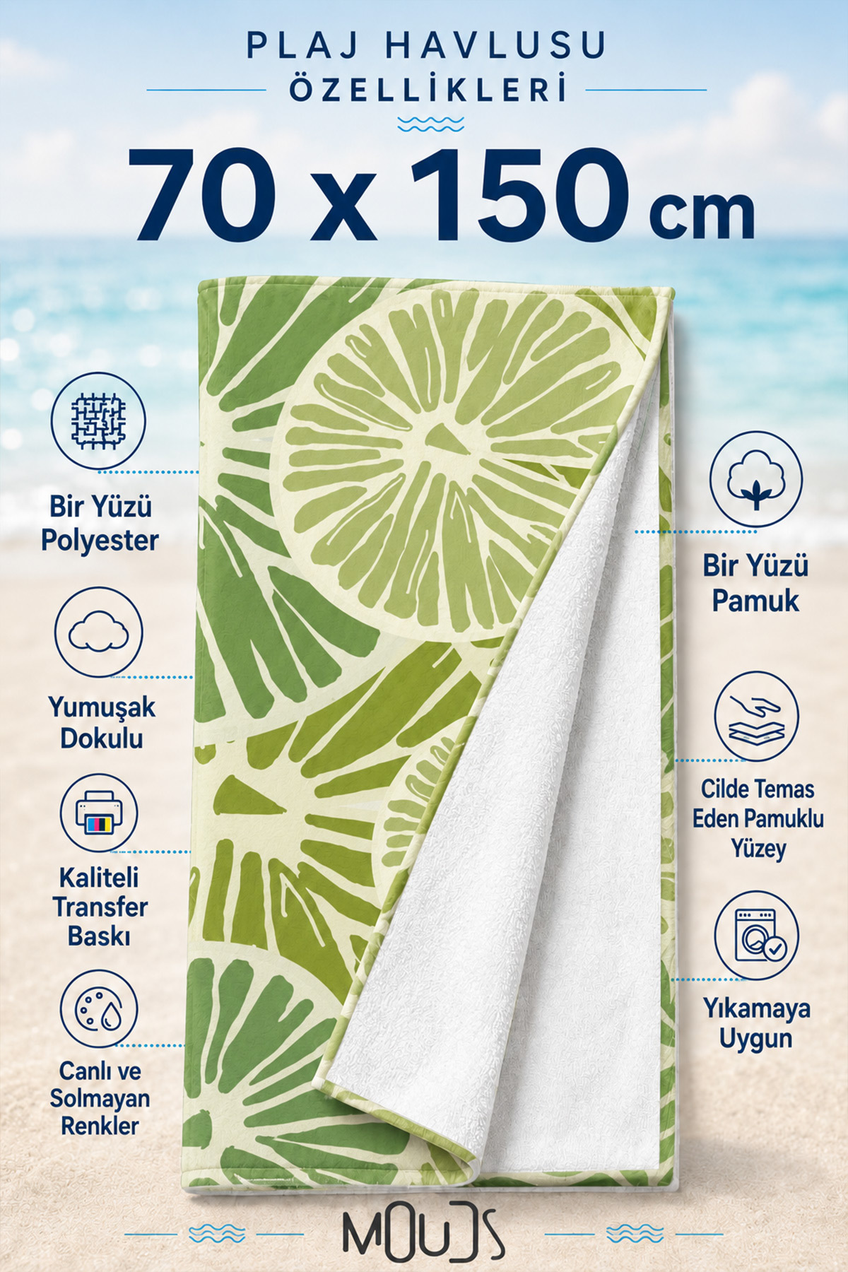 Dijital Baskılı 70x150cm Ekşi Ferahlık Desenli Plaj Havlusu - Banyo Havlusu - Deniz Havlusu